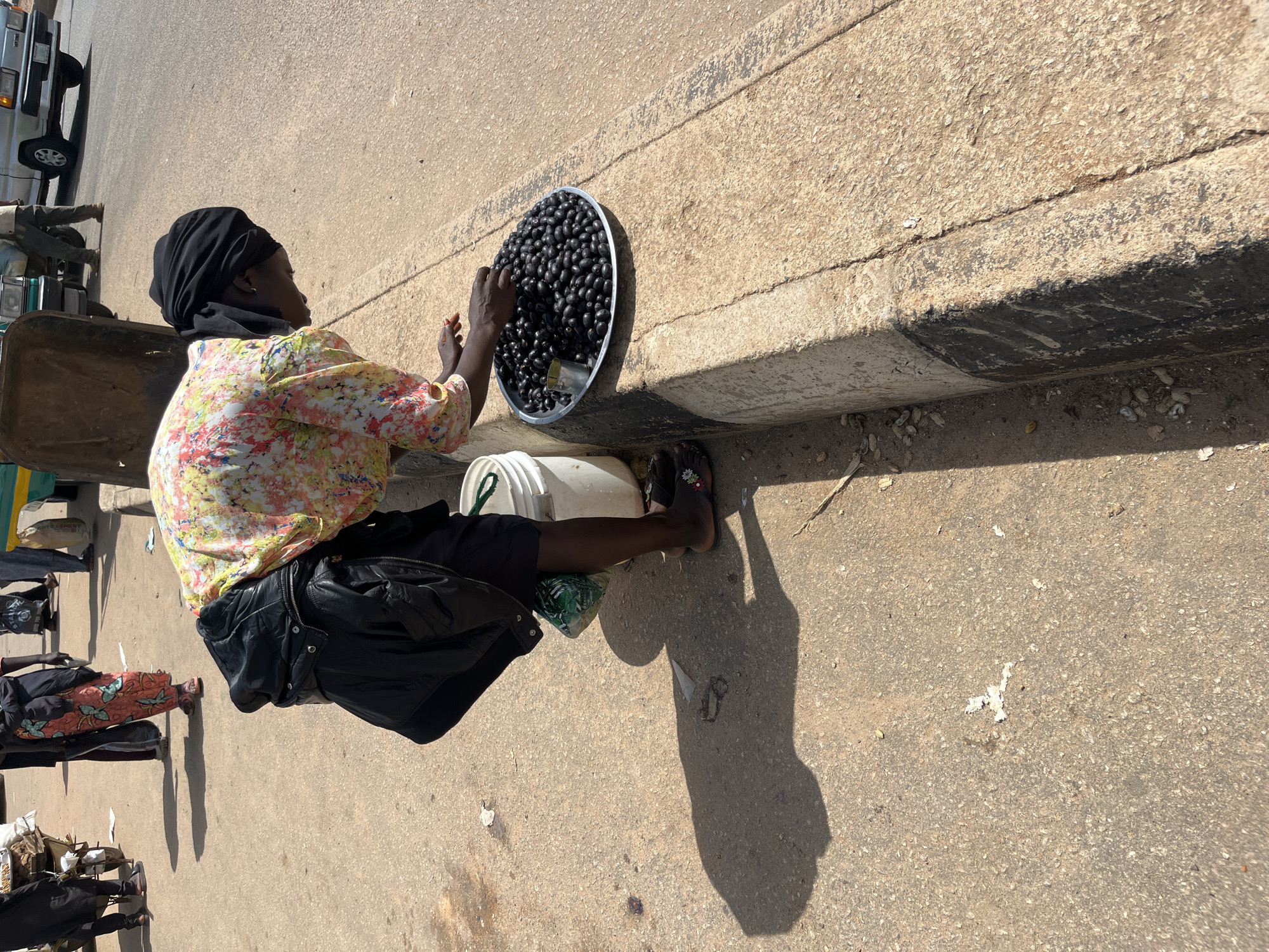 In Gura Top, Nigeria, a woman wearing a colorful floral shirt, black headscarf, and dark jacket is tending to a large metal tray filled with dark, oval-shaped fruits, likely berries or olives. She is leaning over, her hands are near the tray. Beside her is a white bucket. She is standing on a concrete curb next to a paved road. The ground is a mix of asphalt and dirt. Shadows are cast by the woman and other objects in the scene, indicating it is a sunny day. In the background, other people and vehicles are visible, suggesting a busy street or market area. One person in the background is wearing a brightly patterned skirt.