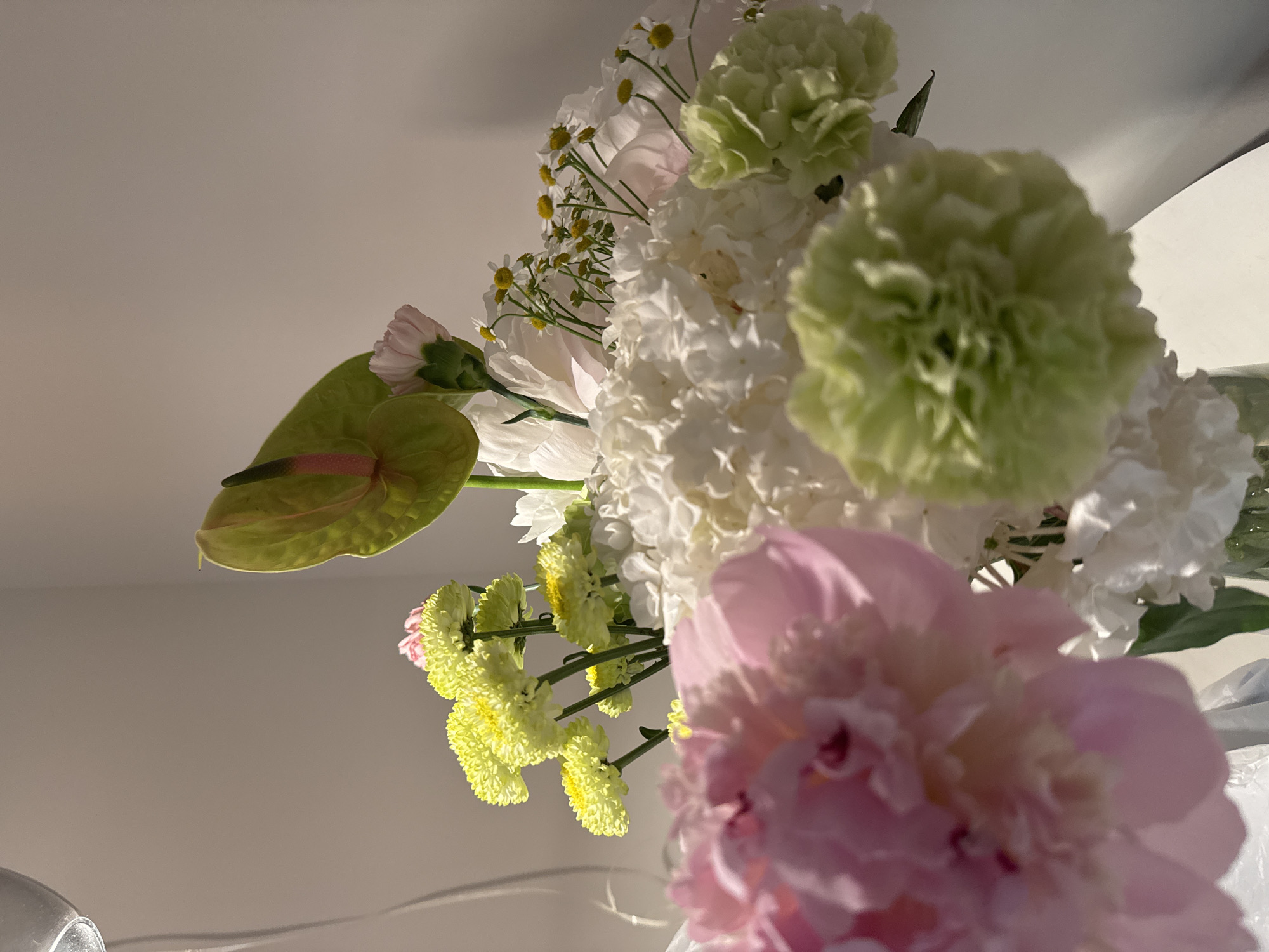A close-up shot captures a vibrant bouquet of flowers, predominantly featuring soft pink peonies in the foreground, slightly out of focus. Behind them, a large cluster of fluffy white hydrangeas dominates the center of the arrangement. To the left, a striking, spade-shaped green anthurium flower with a pink spadix stands tall. Interspersed throughout the bouquet are delicate yellow chrysanthemums, small white daisies with yellow centers, and pale green carnations. The flowers are arranged in a clear glass vase, visible at the bottom of the frame. The lighting suggests an indoor setting, with soft light illuminating the flowers against a plain, light-colored wall in the background. There are no people present in the image. The location is not specified in the image itself.