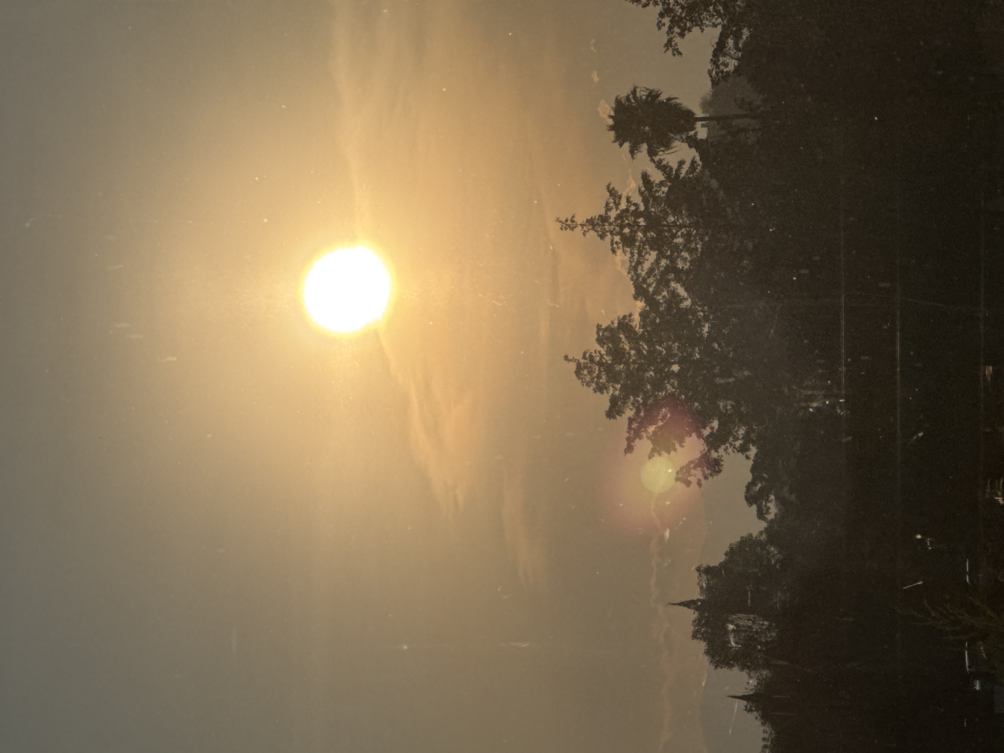 The image shows a sunset in San Andrés Cholula, Mexico, with the sun appearing as a bright orb in the hazy sky. The silhouette of trees, including palm trees, is visible on the right side of the frame, and in the distance, the spires of a church are just barely visible. The overall tone of the image is warm and golden due to the sunlight.