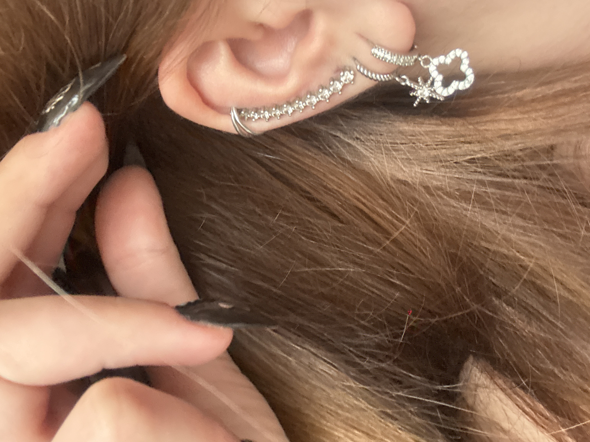 A close-up image, possibly taken in Troyan, Bulgaria, focuses on a person's ear, hand, and long, light brown to auburn hair. The subject's right ear is adorned with multiple sparkling silver-toned earrings. A prominent ear climber, encrusted with a row of clear gemstones, traces the outer helix. Below it, a simpler silver hoop or cuff is visible. Higher up, another earring set features two delicate charms: a small snowflake and a larger open-heart or clover shape, both detailed with clear stones.
A hand with long, sharply pointed (stiletto or almond shape) dark-colored nails, possibly black or very dark grey with a metallic shimmer, is positioned near the ear and hair. One finger appears to be gently touching or holding a single strand of hair. The hair itself is long, fine, and provides the main background for the detailed shot. A tiny red fiber or detail is noticeable within the hair. The lighting is bright, suggesting an indoor setting. No text is visible in the image.