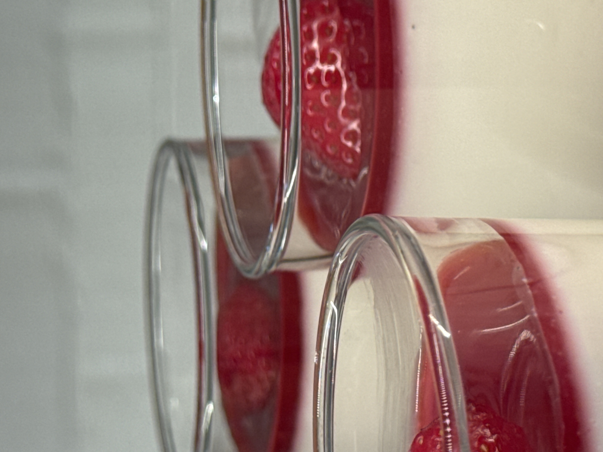 The image provides a close-up, angled view of a layered dessert or food item presented in clear glass containers. Two identical glass vessels are prominently featured, positioned in a way that suggests they are stacked or arranged closely, with one slightly above and behind the other.
The top container reveals a vibrant red strawberry, complete with its characteristic dimpled surface and visible achenes (seeds), submerged in a rich, glossy red liquid. This liquid, possibly a fruit coulis, jam, or syrup, occupies the lower portion of the glass and transitions into a smooth, opaque white layer that fills the upper section. This white layer appears to be a creamy substance, such as yogurt, panna cotta, or a similar dairy-based dessert component.
A second, similar glass container is visible beneath and slightly to the left of the top one. It also displays a red strawberry and the red liquid, confirming a consistent preparation of the layered dessert. The clear glass allows the distinct colors and textures of each layer to be fully appreciated.
The background is a soft, plain light gray or off-white, providing a clean and uncluttered setting that emphasizes the vivid hues of the dessert. The lighting is gentle, creating subtle reflections on the glass surfaces. There are no people visible, nor is any specific activity taking place; the image focuses solely on the static and appealing presentation of the food. No text is visible within the frame. The scene is understood to be located in Moscow, Russia.