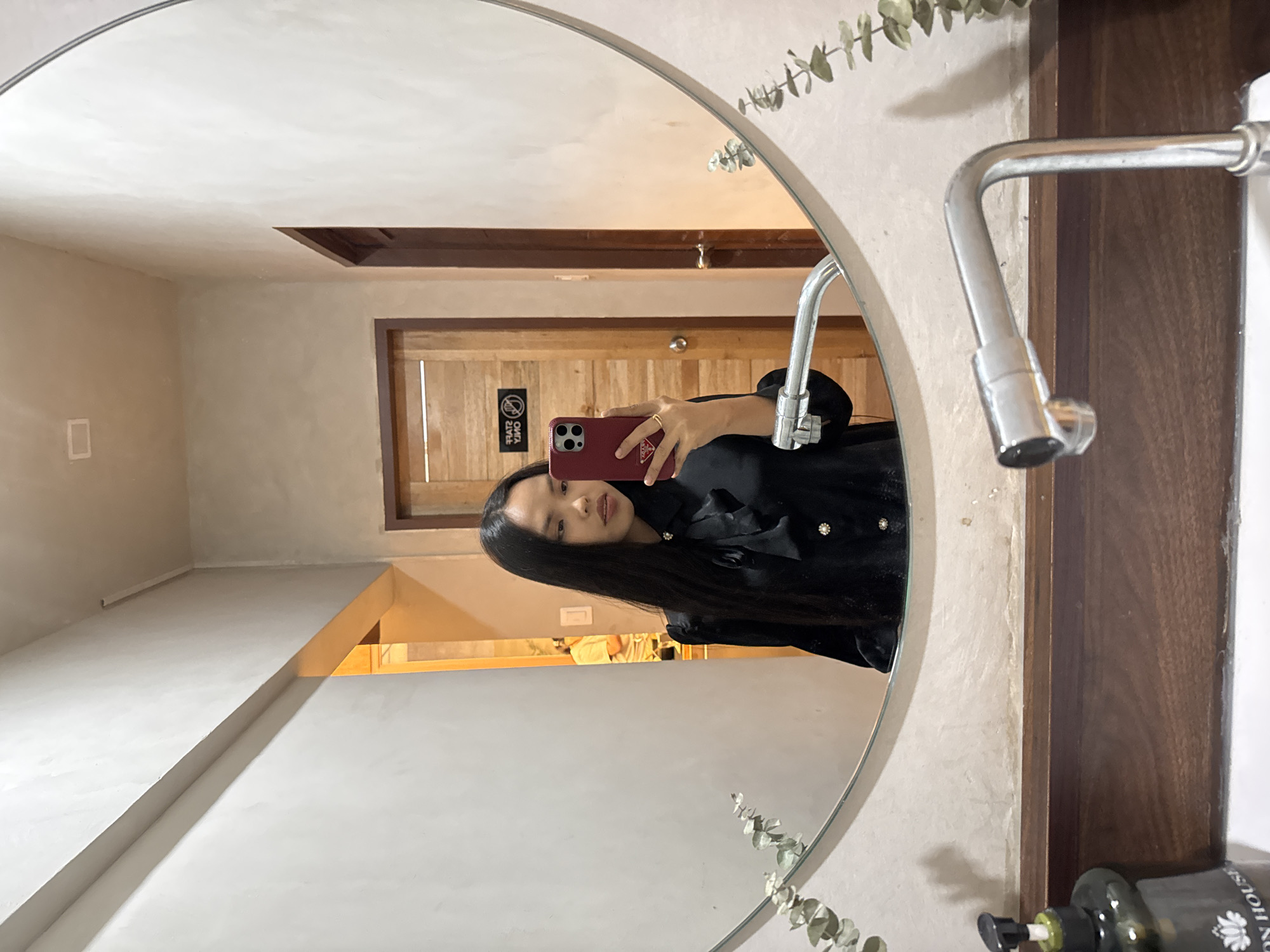 A person is reflected in a round mirror inside a bathroom. The person is holding a red smartphone. The bathroom has gray walls, a wooden door, a silver faucet, and green eucalyptus branches decorating the mirror. A dispenser bottle is visible in the lower right corner. The location is Davao City, Philippines.