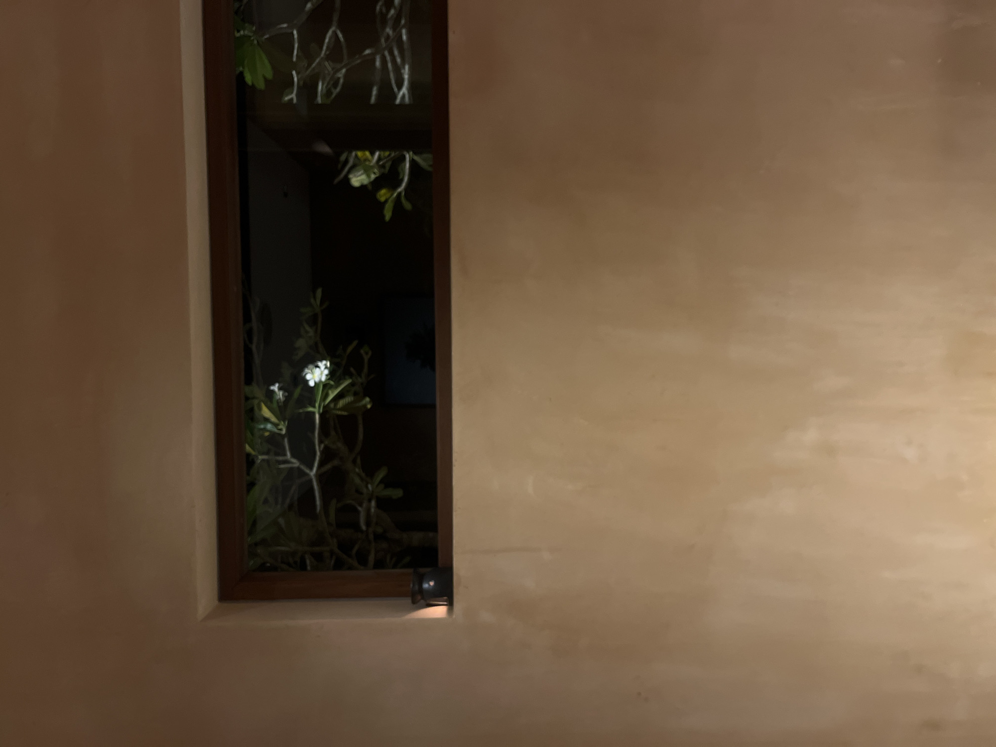 A close-up indoor shot reveals a narrow, rectangular window framed in dark wood, set into a textured beige wall. The scene is dimly lit. Outside the window, a plant with white flowers and green leaves is visible against a dark background. A small, dark object, possibly a light fixture, is positioned on the ledge beneath the window. The photograph appears to have been taken in Kuta Selatan, Indonesia. No people are visible.