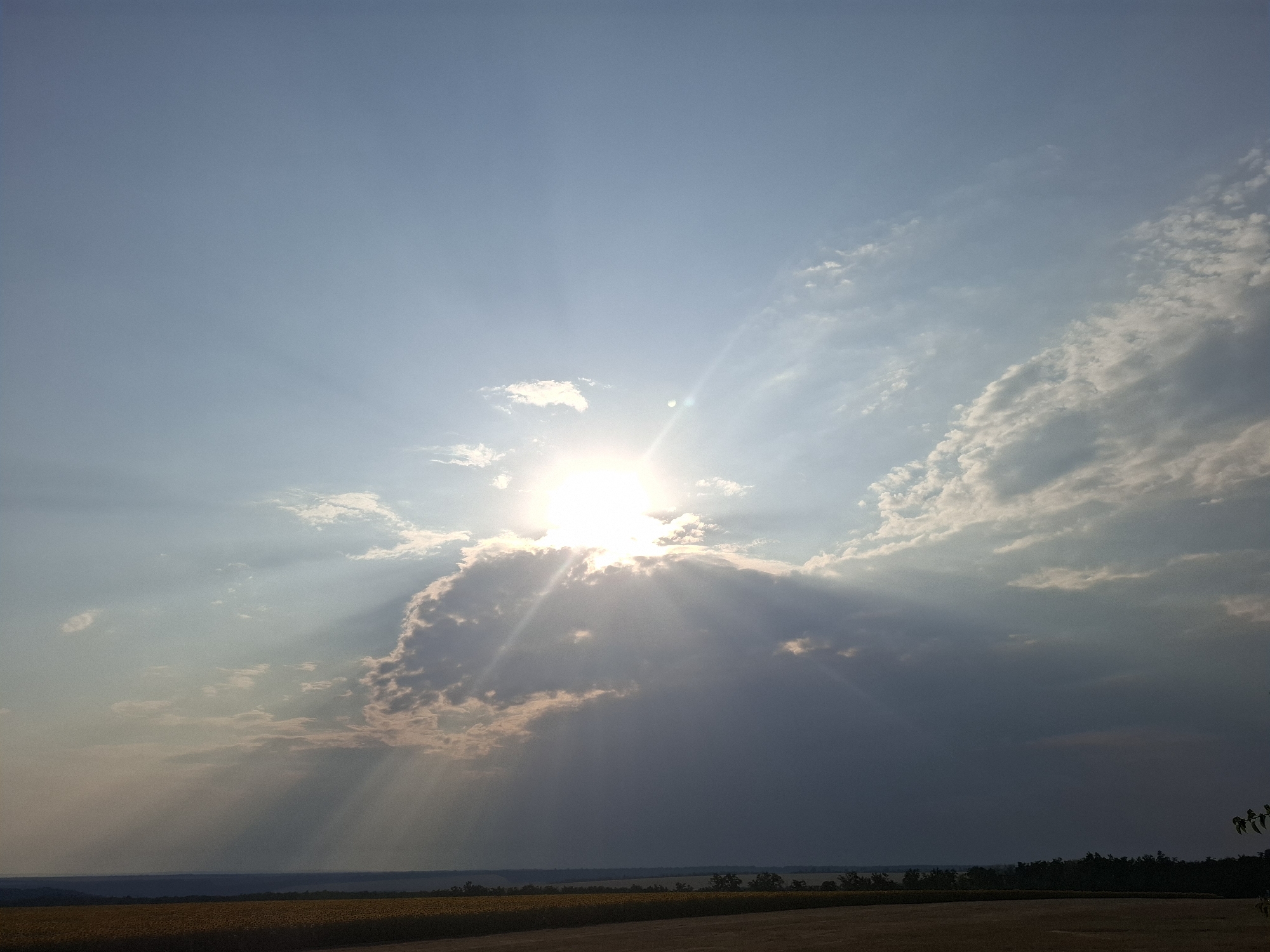 The image depicts a dramatic sky over a rural landscape, likely the outskirts of Topaly, Ukraine. The sun is prominently positioned behind a large, dark cloud formation, with its rays bursting forth in a crepuscular effect. These rays are visible as bright beams illuminating the lighter parts of the sky and casting shadows. The sky is a gradient of blue, transitioning from a lighter hue near the horizon to a deeper tone overhead, with scattered white and gray clouds adding texture. Below the sky is a wide, flat expanse of agricultural land, appearing to be a field of golden crops, possibly wheat or sunflowers, due to its color and texture. A dark line of trees forms a distant treeline at the horizon, suggesting a border between the fields and further land. The overall impression is one of a natural, serene environment under a dynamic sky.