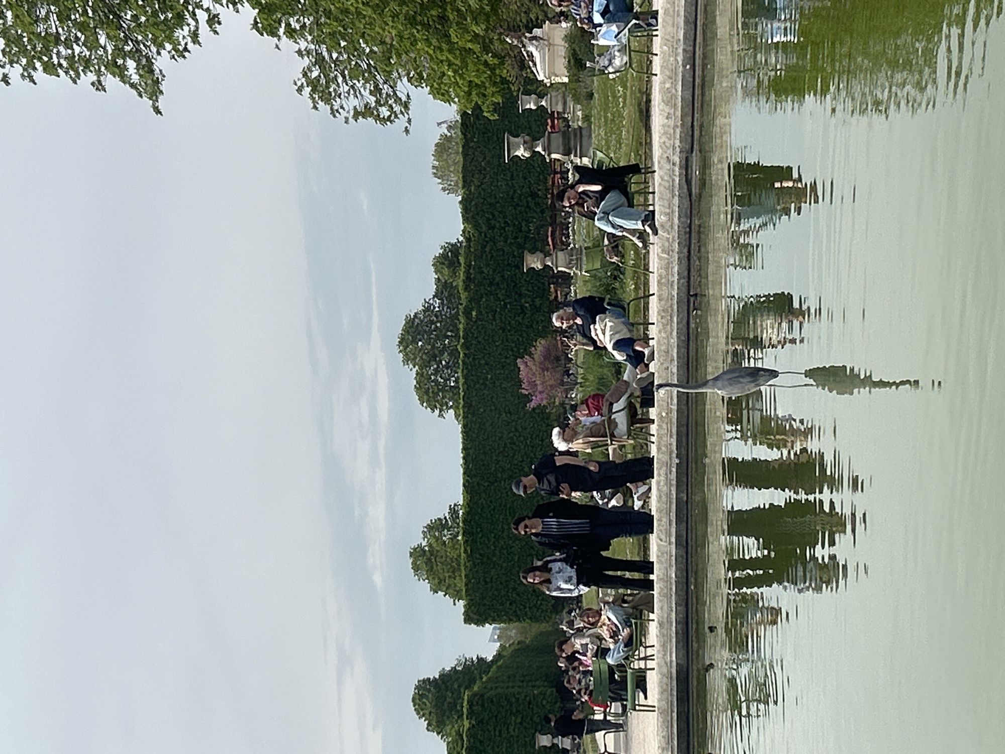 The image shows a park with a body of water in the foreground and people sitting in chairs along the water's edge. A bird, possibly a heron or egret, stands near the edge of the water. The water reflects the trees and buildings in the background, and the sky is overcast. The location appears to be a park in Paris, France, potentially the Jardin des Tuileries, as a hint of the Eiffel Tower can be seen in the background.