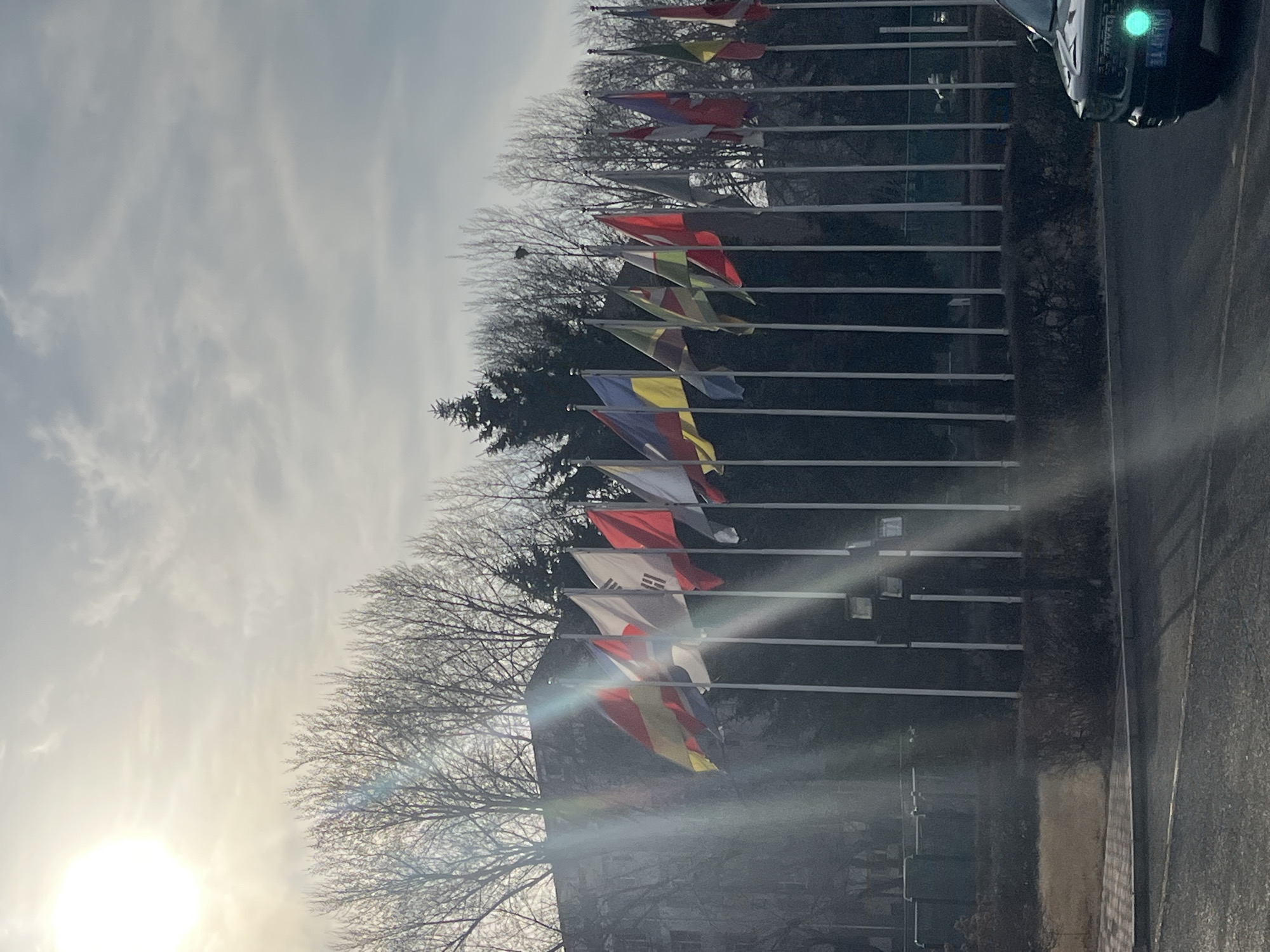 The image shows a row of flags on poles outside a building in Changchun City, China. The flags appear to represent different nations or organizations. There are bare trees behind the flags. In the upper right corner is a glimpse of a car with a green light visible. The sky is overcast with a bright sun peeking through. The light causes lens flare. The foreground includes what seems to be a sidewalk or roadway.