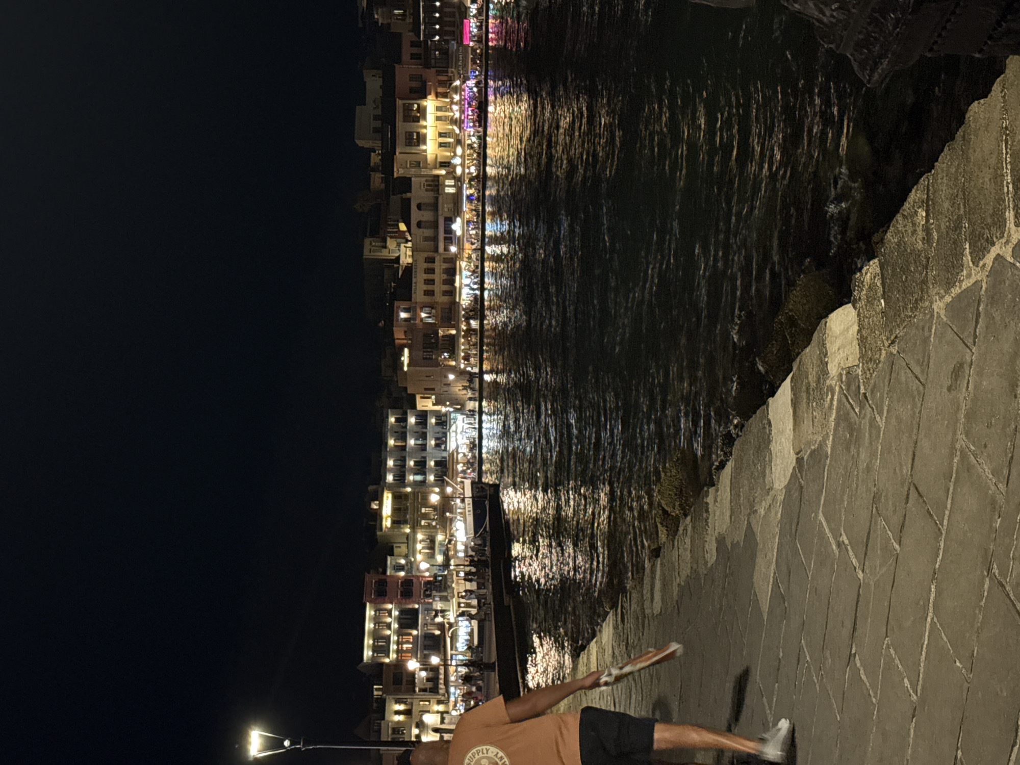 An eye-level, medium shot captures a nighttime scene along a harbor. In the foreground, a person walks on a stone walkway, holding a long, flat object, possibly a paddle or plank. The person is wearing an orange t-shirt and dark shorts. The harbor water is dark, reflecting the lights of buildings lining the opposite shore. The buildings are multi-story structures with illuminated windows and balconies, suggesting a vibrant waterfront district. Streetlights are visible, illuminating the walkway and the façade of some buildings. The sky is dark, indicating it is nighttime.