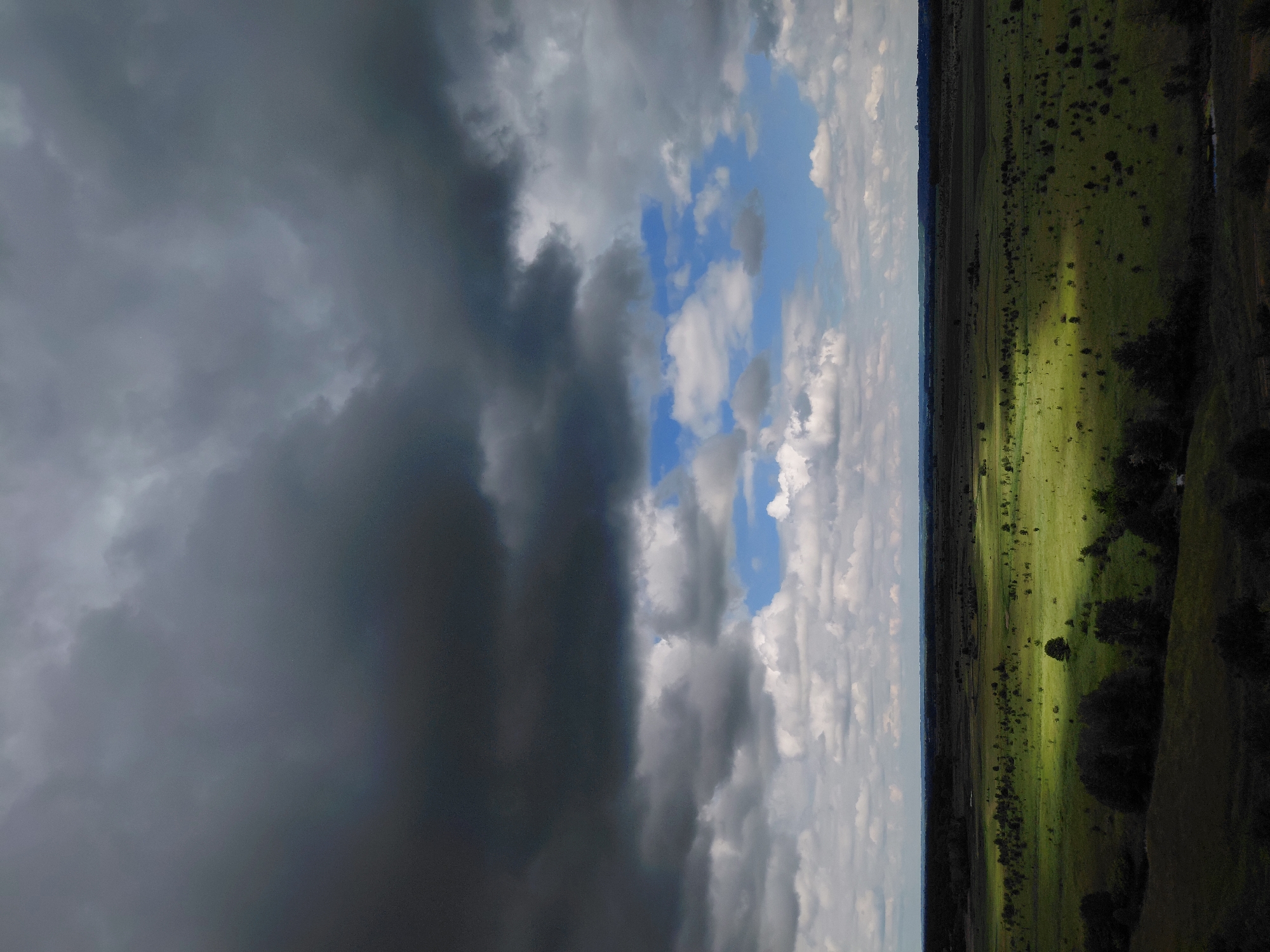 The image shows a wide, open green field under a dramatic sky filled with dark, heavy clouds in the upper portion and patches of blue sky with lighter clouds in the lower portion. A bright shaft of sunlight illuminates a section of the field, highlighting scattered trees and vegetation. The landscape appears rural, with a distant treeline or forest bordering the field, and a hint of a dark, wooded area in the foreground. The scene is overcast with intermittent sunlight, suggesting variable weather conditions.