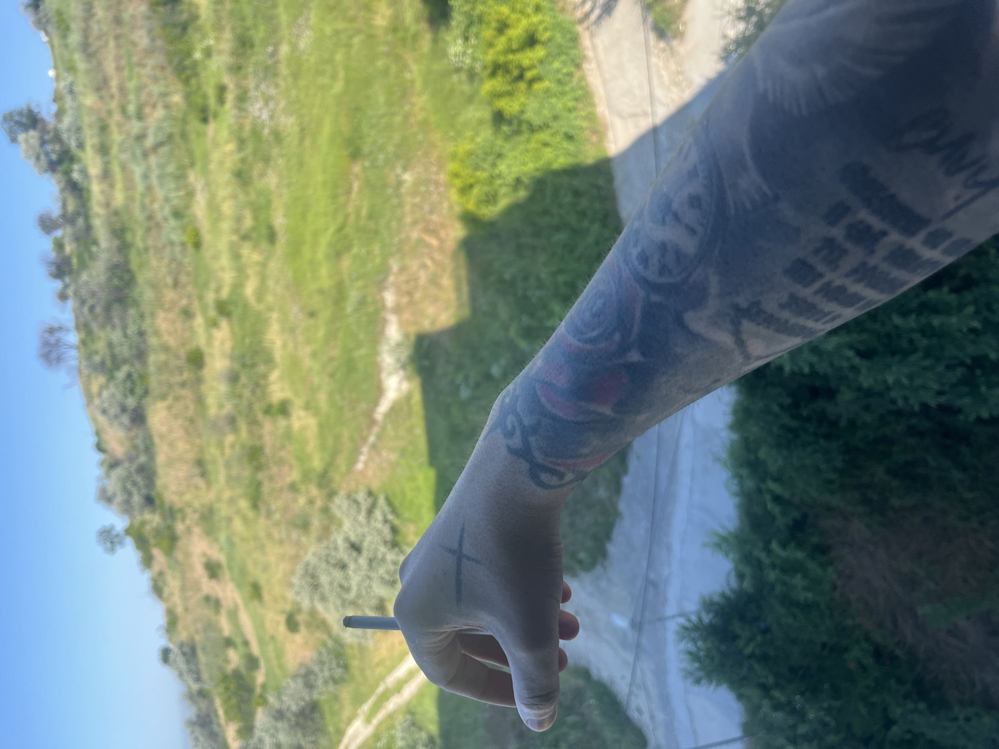 The image is a first-person perspective shot, with a person's tattooed arm and hand prominently in the foreground. The individual is holding a cigarette between their index and middle fingers. The hand has a dark cross mark tattooed on the back of it. The arm is covered in extensive black and grey tattoos, featuring floral designs and text.
The background reveals a sunlit, green, and hilly landscape. A dirt path is visible winding through the terrain, suggesting a rural or semi-rural setting. In the lower part of the image, dense green foliage and bushes are present, possibly indicating a garden or park. The overall lighting suggests a bright, clear day.
The image is tagged with the location of Varna, Bulgaria. This suggests the scene is set in or around the city of Varna. The specific location within Varna is not discernible from the image itself, but the landscape could be representative of the hilly regions surrounding the city, which often overlook the Black Sea.