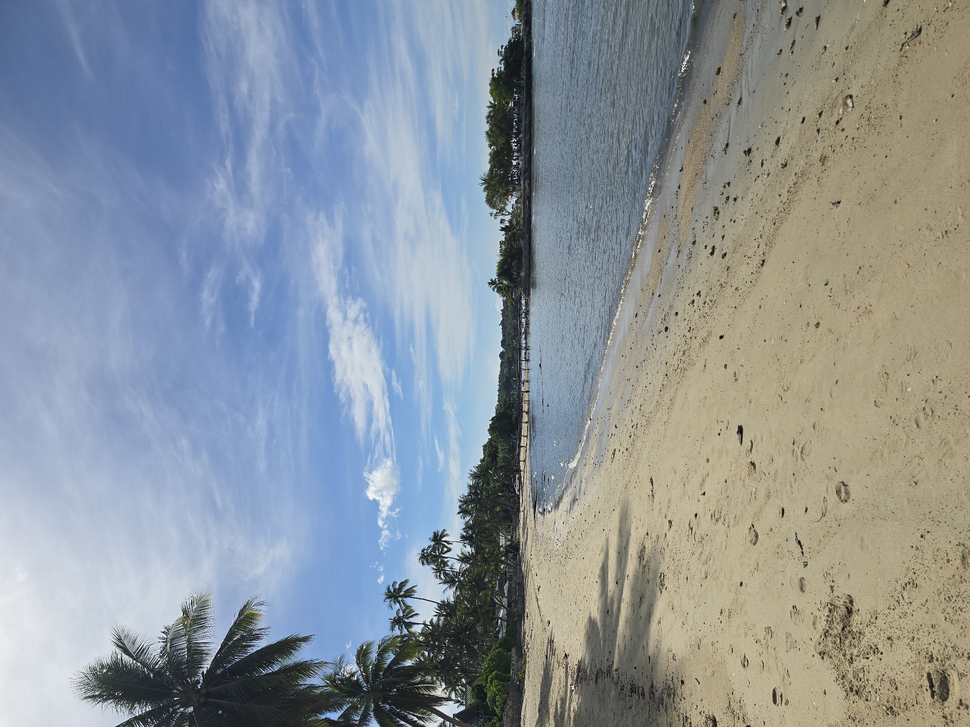 A vertical, eye-level, full shot captures a serene beach scene with a gentle shoreline in the foreground. The sandy beach is marked with numerous footprints, suggesting recent activity. To the left, a dense cluster of palm trees casts dappled shadows on the sand, their fronds reaching towards the sky. Beyond the beach, the calm, blue water stretches to the horizon. In the distance, a wooden pier extends into the water, leading to a small, tree-covered island. The sky above is a vibrant blue, adorned with wispy white clouds. The overall impression is one of tranquility and natural beauty.