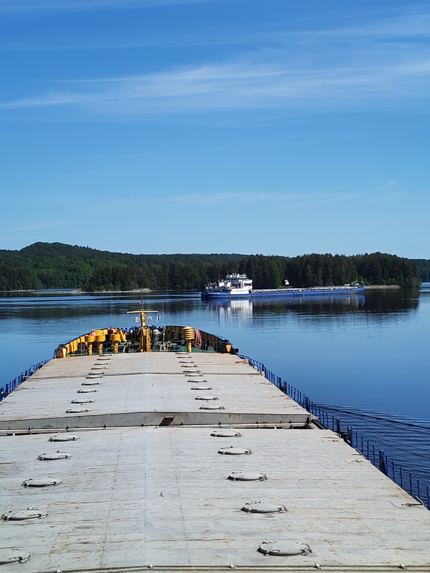The image presents a peaceful daytime scene on a large body of water, likely a wide river or lake, surrounded by forested land under a clear blue sky.
In the foreground, the perspective is from the deck of a large vessel, possibly a cargo barge or the bow of a cargo ship. The grey, flat deck takes up the lower half of the frame and is covered with numerous circular and rectangular hatch covers. Towards the top of this visible deck section, yellow structures, potentially part of the cargo hold or equipment, and a small mast-like fixture with a white flag are visible. Blue railings run along the sides of the deck.
In the mid-ground, another, distinct cargo ship is seen navigating the calm water. This ship is predominantly blue with a white superstructure located towards its stern. Its reflection is clearly visible in the still water. The ship appears to be moving either away from or towards the viewer, generally in line with the course of the foreground vessel or crossing it.
The background features dense, dark green forests covering low-lying hills or banks along both sides of the waterway, indicating a natural landscape. The sky above is a bright, clear blue with only a few very faint, wispy clouds. The lighting suggests it is bright daylight, likely morning or early afternoon, contributing to the tranquil atmosphere. There is no visible text in the image.
