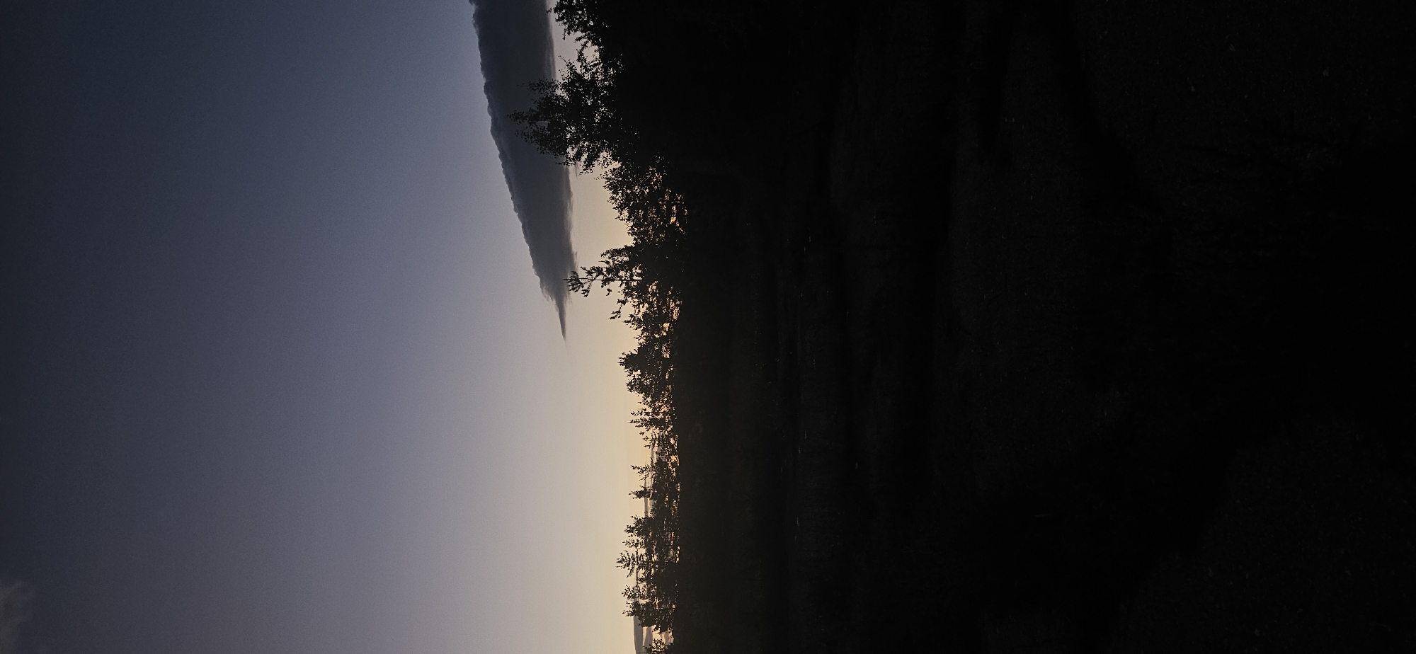 The image depicts a twilight scene with a horizontal orientation. The sky occupies the left half of the image, transitioning from a dark blue-gray to a lighter, yellow-tinged hue near the horizon. A narrow, dark cloud stretches vertically along the left center, appearing spear-shaped. To the right of the cloud, a line of silhouetted trees and foliage creates a dark, dense band across the horizon. The right half of the image is almost entirely black, possibly representing shadowed ground or a dense forest area. Given the absence of specific architectural landmarks or distinguishable landscape features, it is difficult to pinpoint the location in Gutsal, Bulgaria, precisely. The scene consists primarily of the natural environment at dusk.