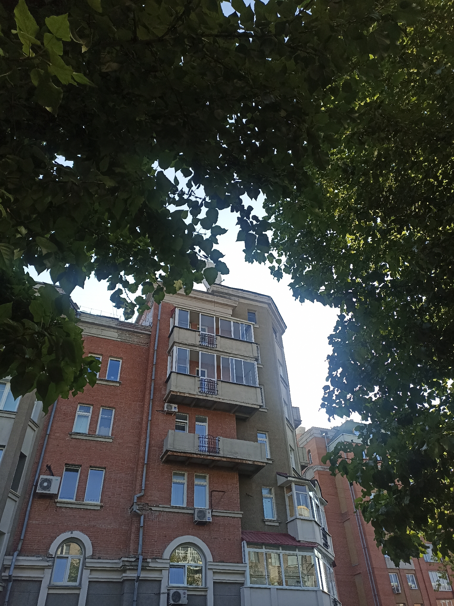 The image shows a multi-story brick apartment building in Novosibirsk, Russia, seen from a low angle looking upwards. Large, leafy green trees partially obscure the view of the building and the sky. The building features several balconies with ornate railings, a bay window on a lower floor, and numerous windows of various sizes. Air conditioning units are visible attached to the exterior walls, and downspouts run vertically along the brick facade. The architecture suggests it's an older building, possibly from the Soviet era. The sky is clear and bright, indicating daylight.