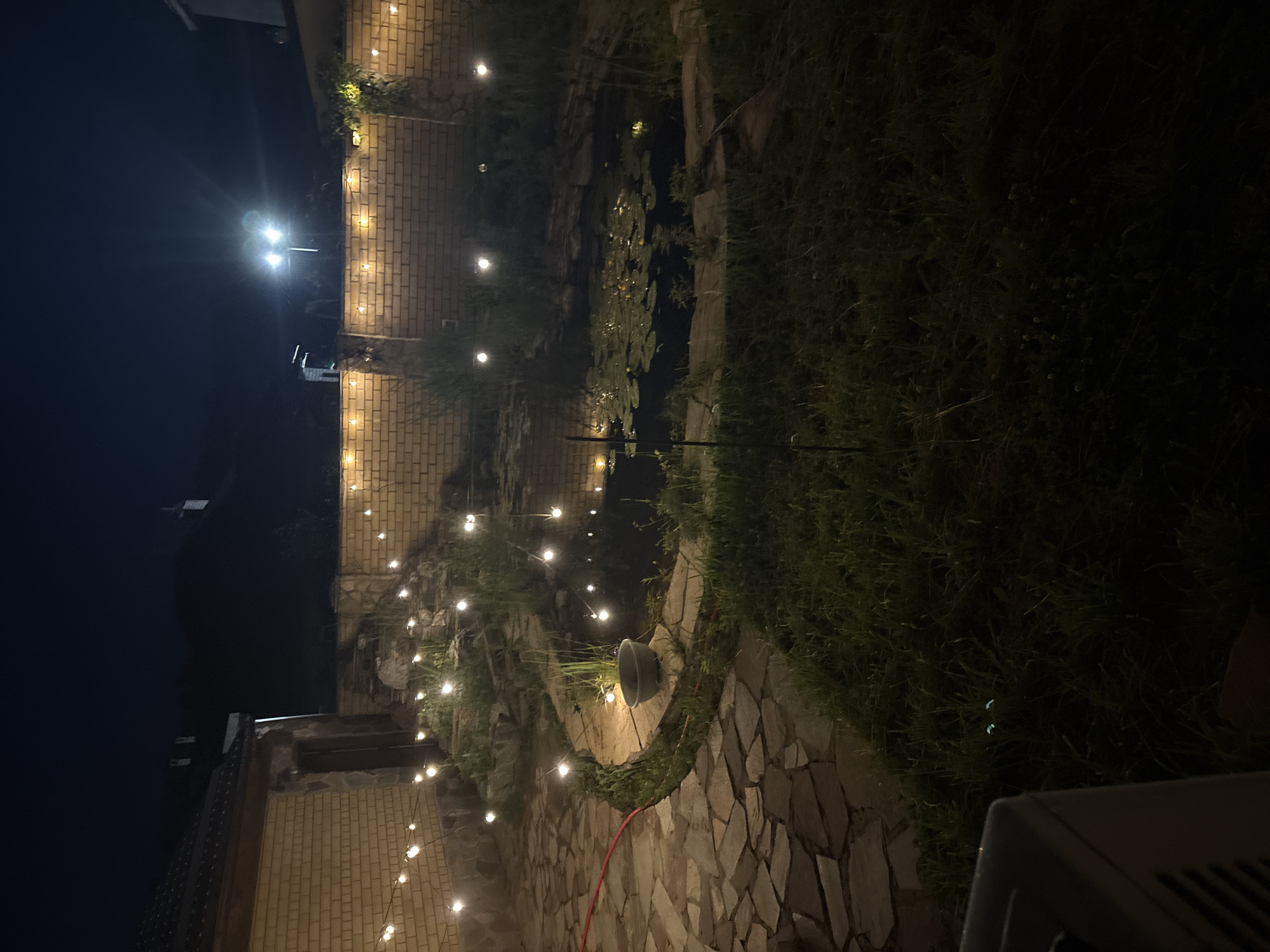 The image depicts a backyard at night, illuminated by string lights. A brick building with a stone-accented entrance is visible on the left. A stone pathway leads to a pond surrounded by grass and vegetation. The pond contains lily pads and appears to have some yellow flowers. A dark, circular basin is situated on the edge of the pond. In the background, a brick wall extends across the scene, also adorned with string lights. Beyond the wall, houses and trees are silhouetted against the dark sky, with a bright floodlight visible in the distance. The foreground shows a patch of grass with some faint, light-colored specks. The overall scene suggests a residential outdoor setting in a nighttime environment.