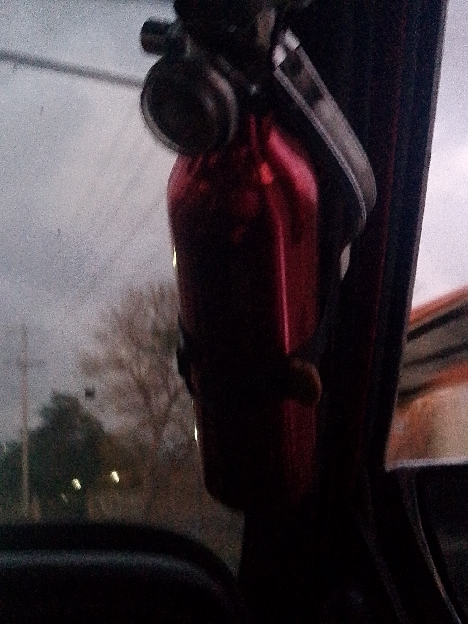 The image shows a close-up of a red fire extinguisher mounted inside a vehicle, likely on the passenger side. The fire extinguisher is metallic and appears to be a standard size. It is secured by a black strap that wraps around its middle. The foreground is dominated by the dark interior of the car, with the fire extinguisher as the main subject. In the background, through the car window, a blurry outdoor scene is visible. This scene includes bare tree branches, suggesting a temperate climate or a season where trees have lost their leaves. There are also some indistinct lights that could be streetlights or lights from buildings, hinting at an urban or suburban environment. The sky is overcast and grey. The overall impression is that the photo was taken from inside a vehicle looking outwards, with the fire extinguisher positioned as a visible safety item within the car. No specific location within Santa Ana, Venezuela can be determined from the image.