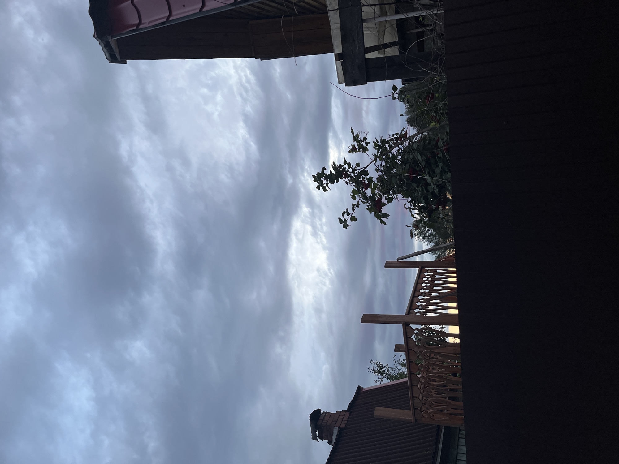 The image depicts a cloudy sky over a backyard scene in Pervouralsk, Russia. In the foreground, a dark brown, horizontal fence dominates the lower portion of the frame. Behind the fence, a wooden railing with intricate decorative carvings is visible. To the left, a dark-colored, corrugated metal roof with a brick chimney emerges from behind the railing. In the center of the image, a leafy green bush with red berries grows upwards. To the right, a dark wooden structure with a red metal roof is partially visible, extending from the right edge of the frame. The overall lighting suggests it is either early morning or late evening, with a muted, overcast sky. No people or animals are present in the image.