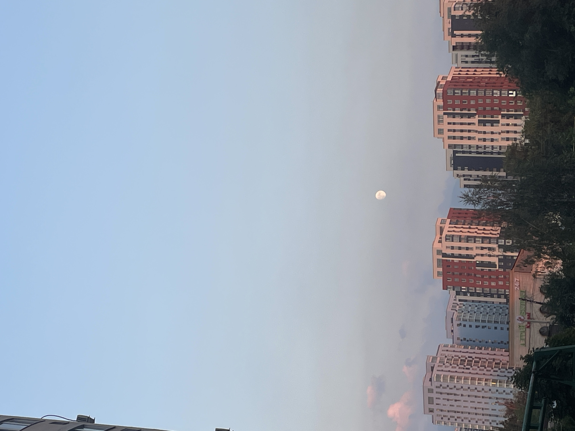 The image depicts a cityscape with a clear sky and a visible moon. In the foreground, there are trees and a partial view of a dark green structure. Behind the trees, a low-rise building with signage is visible, which appears to be a commercial establishment. Above this, a row of multi-story apartment buildings with distinct architectural features, including varied color schemes and window patterns, dominates the middle ground. The buildings are tall and modern, suggesting a developed urban area. The sky is a pale blue, transitioning to a lighter hue near the horizon, and a small, illuminated moon is positioned in the upper central portion of the frame. The lighting suggests it is either early morning or late afternoon, as indicated by the soft light on the buildings and the presence of the moon. The scene appears to be an urban residential or mixed-use area in Almaty, Kazakhstan, characterized by contemporary architecture and a clear sky.