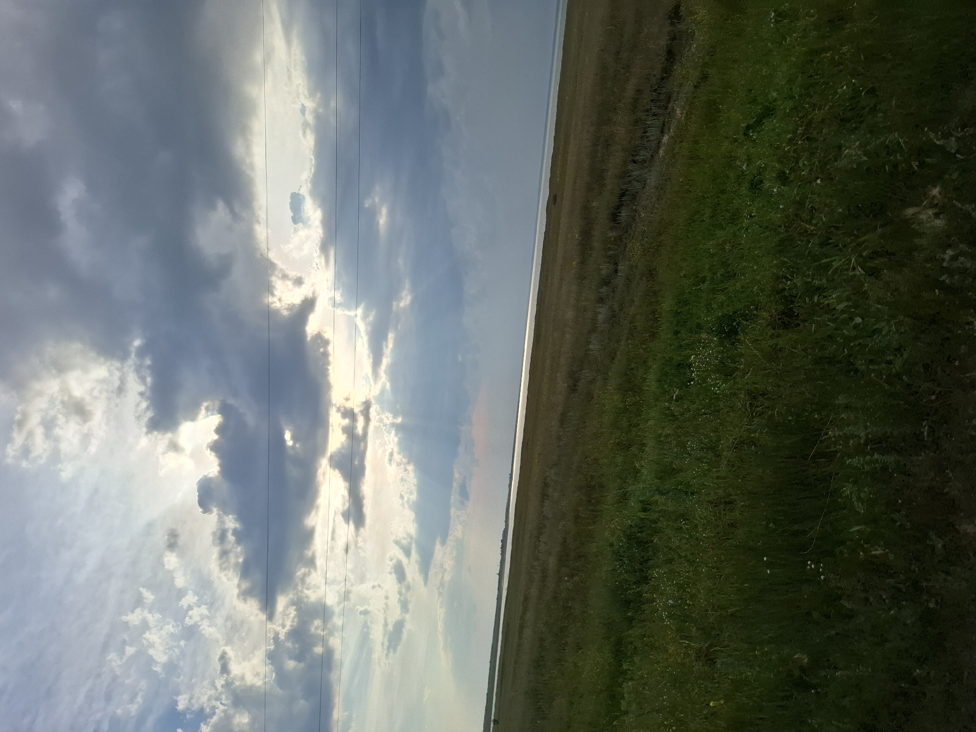 A wide, low-angle, landscape shot depicts a vast, open field in the foreground under a dramatic sky. The field transitions from lush green grass with small white flowers on the left to drier, browner grass and stubble on the right, suggesting a harvested area. A calm, wide body of water, possibly a lake or sea, borders the field in the middle ground. In the distance, a faint line of trees or buildings can be seen along the horizon. The sky is filled with a mix of dark, heavy clouds and lighter, scattered clouds, with shafts of sunlight breaking through, creating a dramatic and somewhat moody atmosphere. Two thin, dark power lines stretch horizontally across the upper portion of the image. The scene appears to be located in the rural area of Авангард ауылдық округі, Kazakhstan, given the landscape and the presence of such power lines often found in such regions. There are no people or animals visible in the frame.