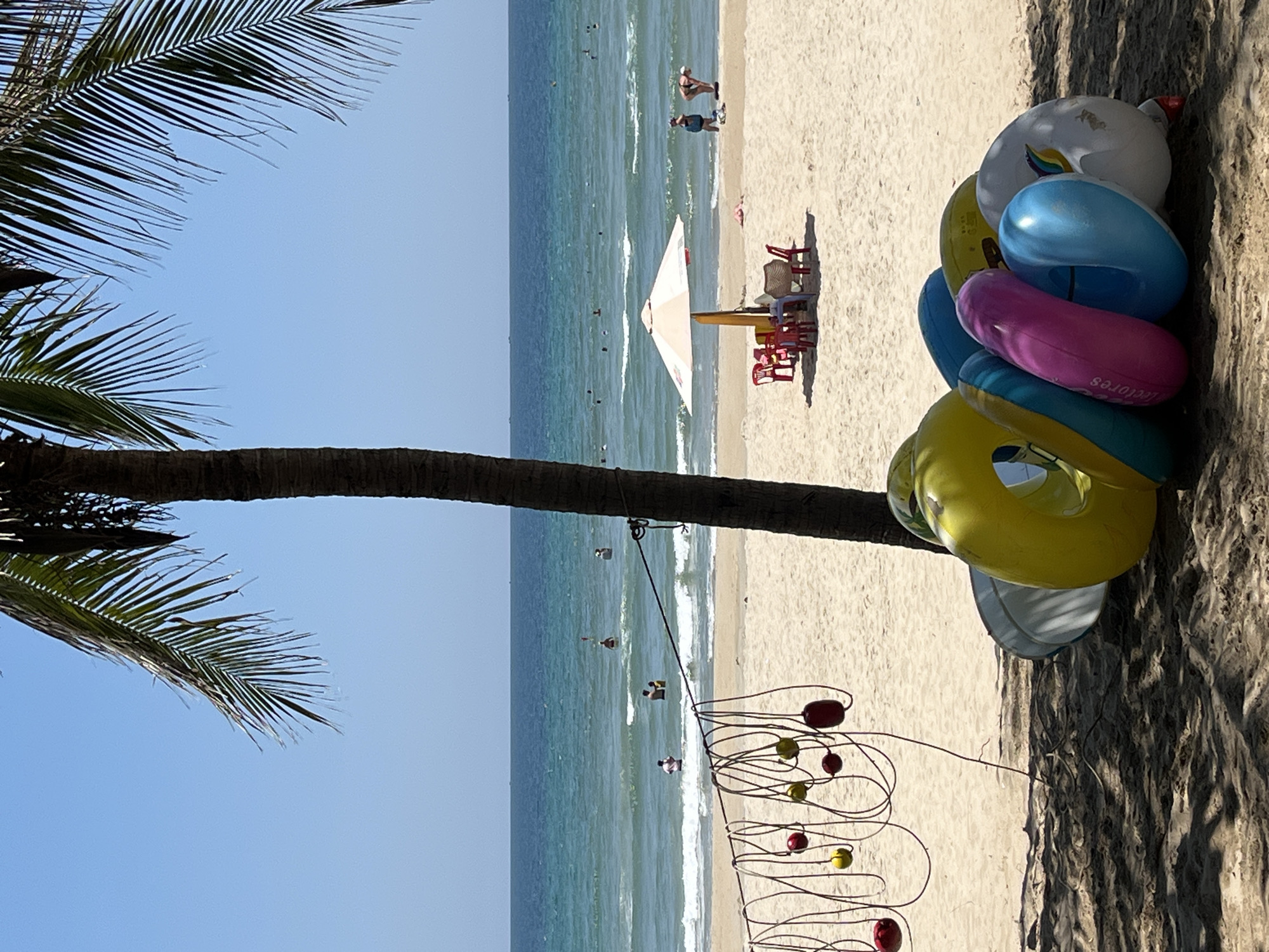 This is a vertically oriented eye-level photograph depicting a beach scene in Đà Nẵng, Vietnam. The foreground features the fronds of a palm tree on the left, and a stack of colorful inflatable tubes leaning against what appears to be the trunk of another tree on the right. A decorative item with a string of colorful orbs is also visible in the lower right corner.
In the midground, the sandy beach is populated with people, some swimming in the ocean and others lounging on the shore under a white umbrella with red chairs.
The background displays a clear blue sky and the ocean extending to the horizon. The color of the water transitions from a light turquoise near the shore to a deeper blue further out. People are scattered throughout the scene, visible both in the water and on the sand.