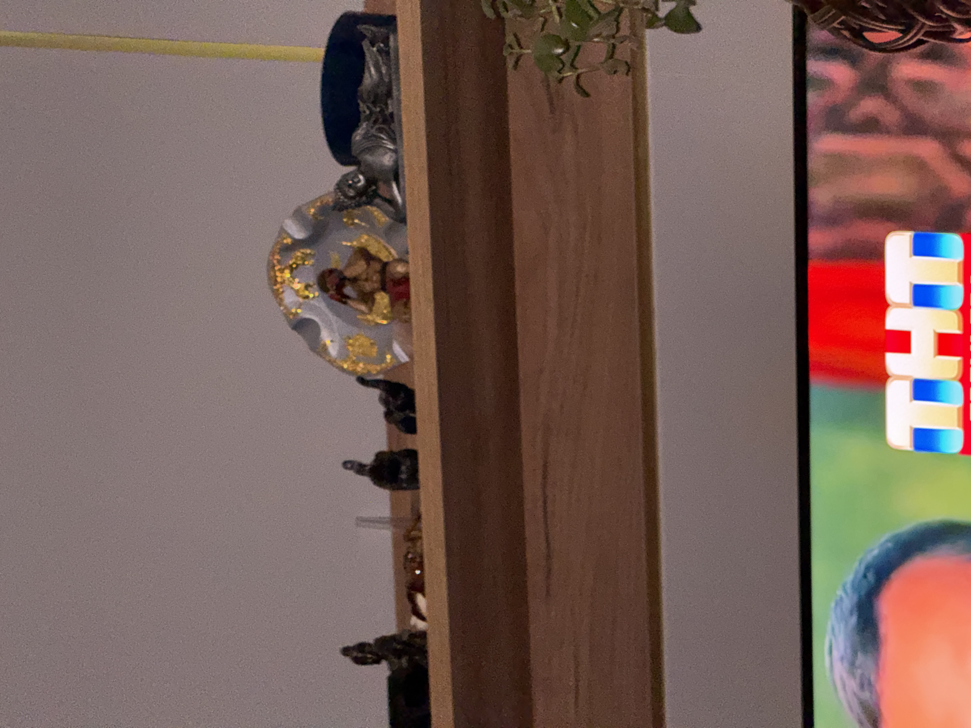 A horizontal shelf displays several small decorative figurines, including what appears to be a reclining Buddha, a seated figure in red shorts, and other dark figurines. Below the shelf, a television screen shows a colorful logo with blue and white lettering that reads "THT". The background is a plain, light-colored wall. The scene appears to be indoors. No specific location in Mikhaylovsk, Russia can be determined from the provided image.