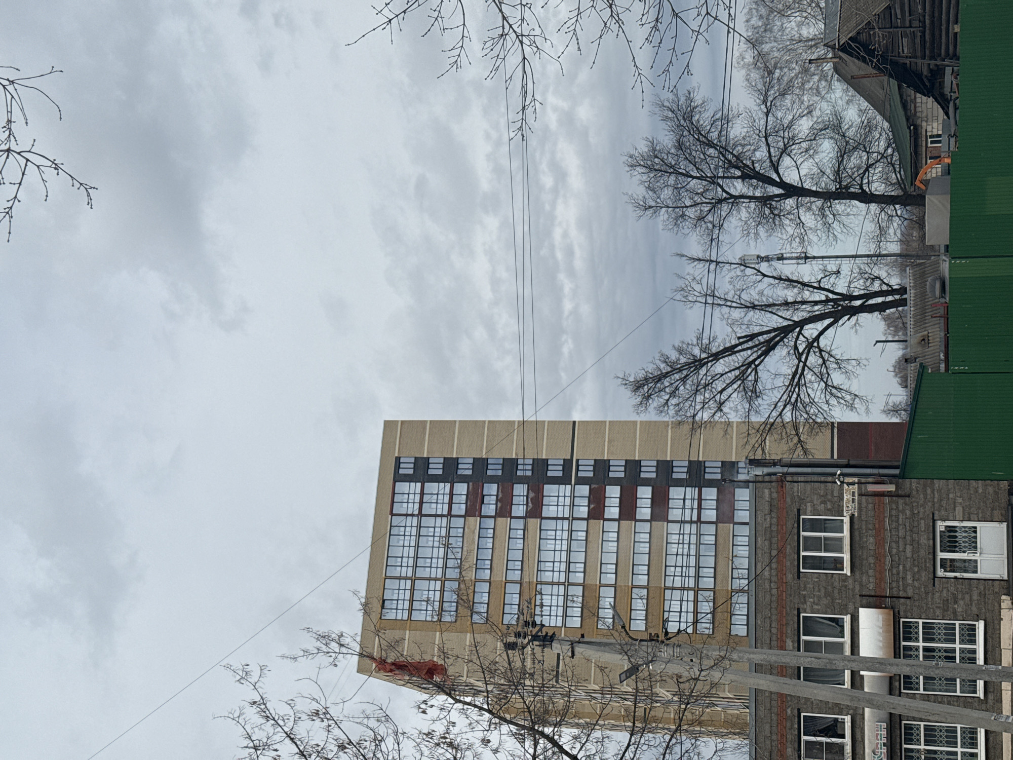 The image shows a street view in Izhevsk, Russia on a cloudy day. In the foreground, there's a multi-story building with a facade of beige panels and numerous windows. Adjacent to this building is an older brick building with white window frames and decorative bars. A wooden structure with a green metal fence is visible in the background. Bare branches of trees are present both at the top and bottom of the frame, adding to the wintery, bare aesthetic. Overhead, there are power lines stretching across the sky.