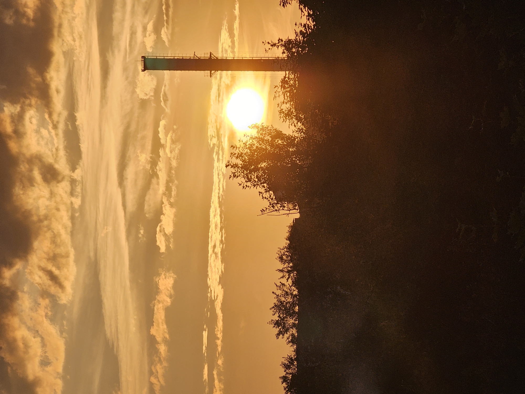 An industrial smokestack stands tall against a dramatic sunset, its silhouette stark against the vibrant orange and yellow hues of the sky. Wispy clouds, illuminated by the setting sun, stretch across the horizon, creating a textured and atmospheric backdrop. In the foreground, the dark outlines of trees and foliage obscure the lower part of the scene, adding depth and a sense of mystery. The overall impression is one of a striking, almost painterly, landscape, where industrial elements merge with the natural beauty of the sky. The location is identified as Khimki, Russia.