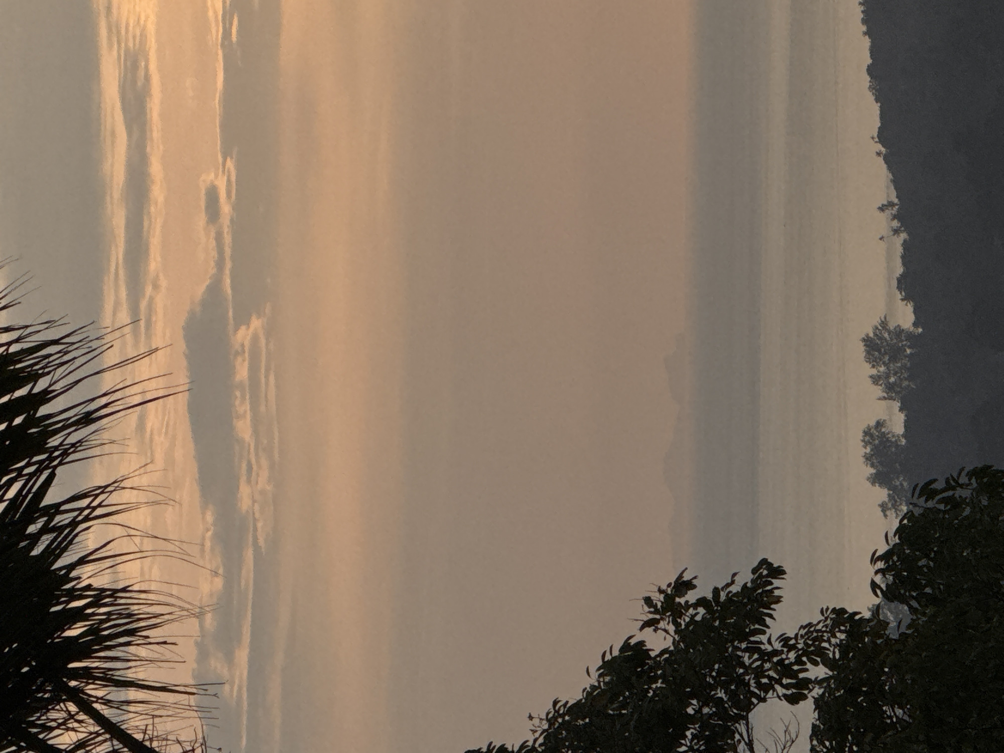 This image captures a serene coastal landscape in Ko Pha-ngan District, Thailand, likely during a sunset or sunrise. In the foreground, the dark silhouette of lush green foliage, including palm fronds and broad leaves, dominates the left side of the frame, partially obscuring the view. Beyond the foliage, a calm, expansive body of water stretches across the mid-ground, its surface appearing smooth and reflecting the soft, pastel hues of the sky. In the distance, the hazy outlines of islands or a mainland coastline are visible, rendered in muted tones against the horizon. The sky is a gradient of warm colors, transitioning from a soft orange or peachy hue near the horizon to a lighter, diffused tone higher up. wispy clouds are scattered across the sky, adding texture to the atmospheric perspective. The overall scene evokes a sense of tranquility and natural beauty.