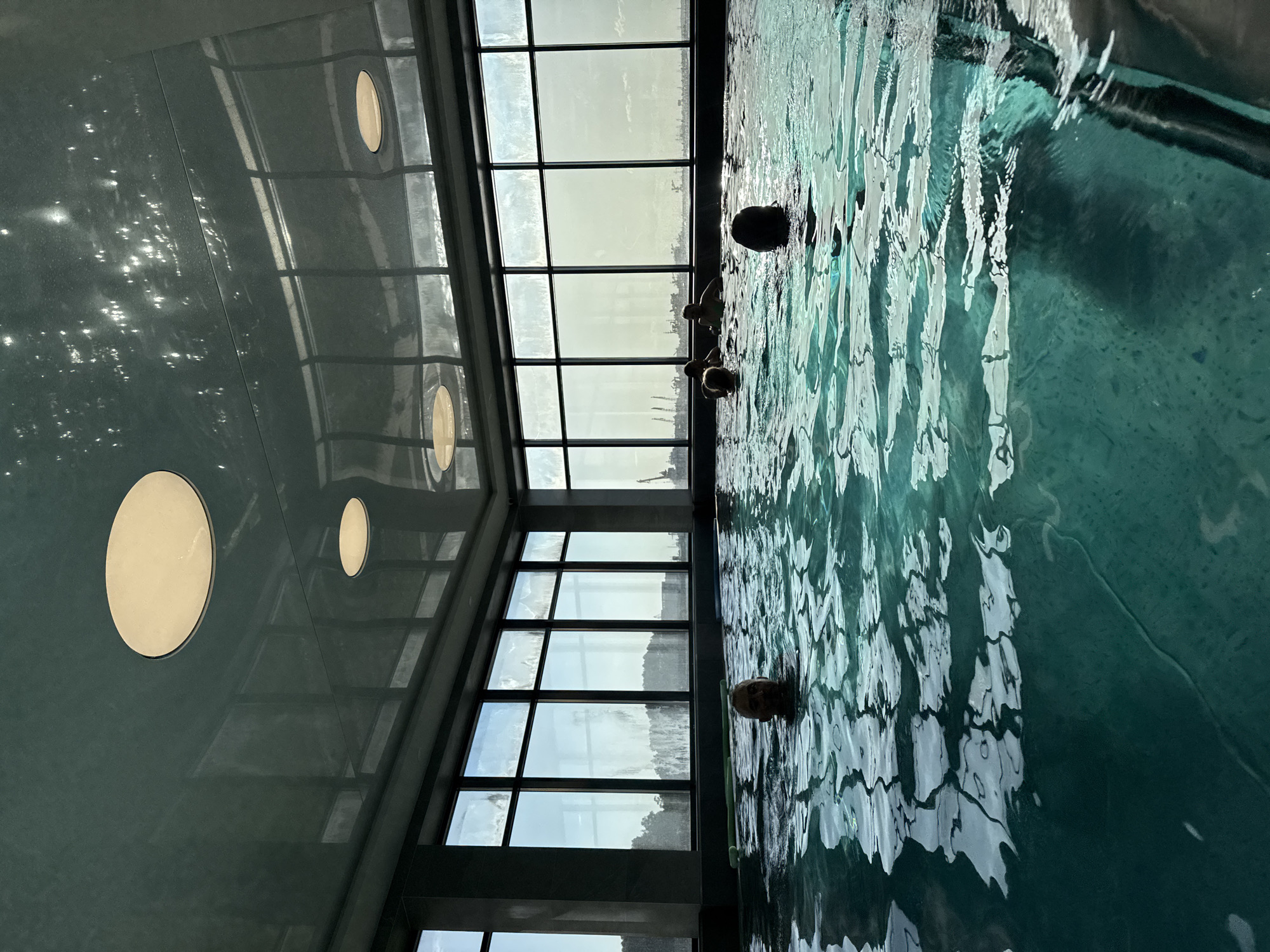 A photograph, rotated counterclockwise approximately 90 degrees, depicts the interior of a swimming pool facility. Sunlight enters through a large grid of windows, reflecting on the ceiling, which has round recessed lights. Reflections and refractions of light play on the water's surface. In the water are several indistinct figures, likely people swimming. The scene is plausibly located in Chaikovsky, Russia, based on the user's prompt, though no specific identifying features are visible within the image itself to confirm this.