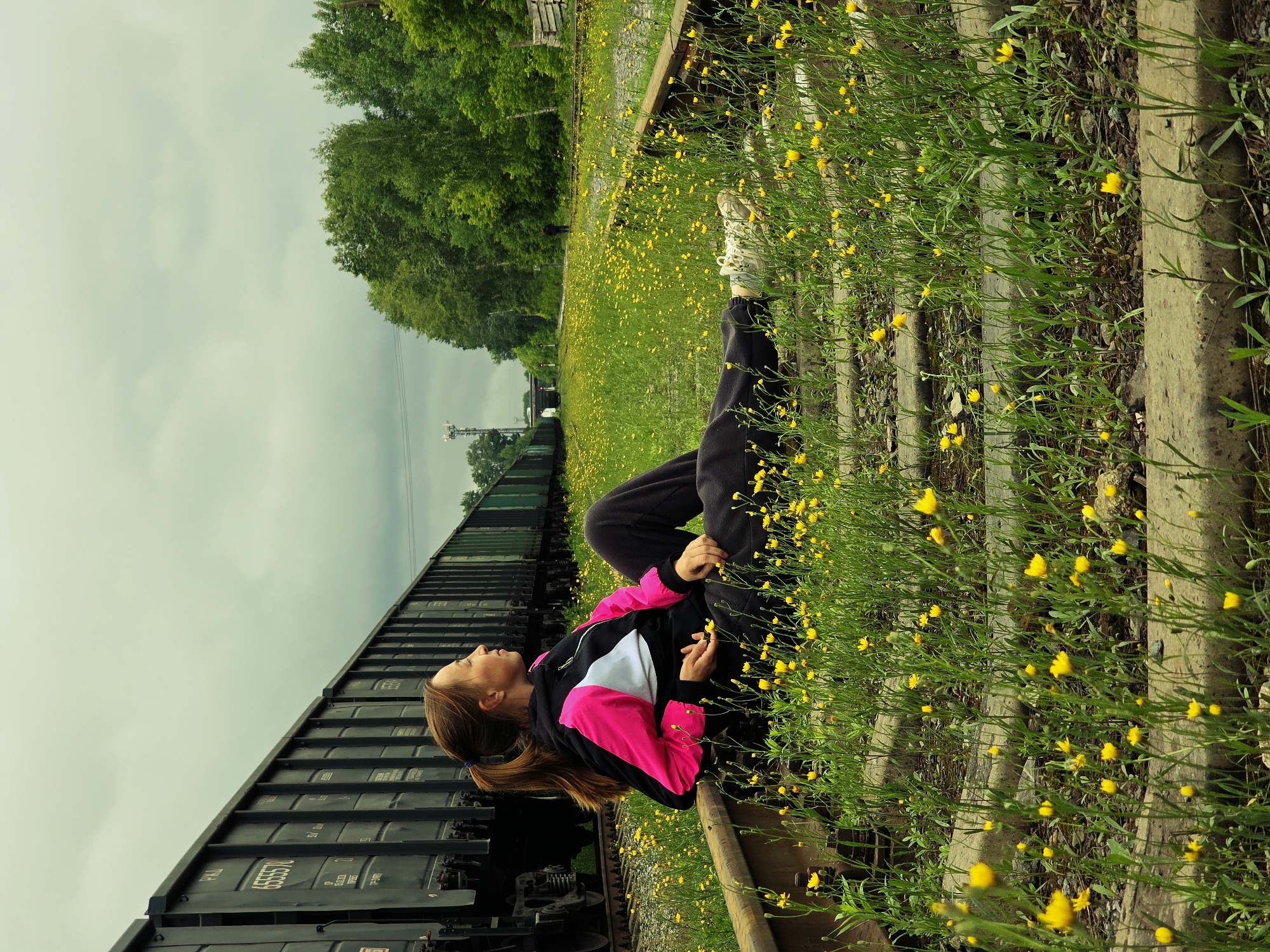 This image, located in the city of Chaikovsky, Russia, depicts an outdoor scene at a railway line under an overcast sky. A young adult female is positioned in profile on the foreground railway track, facing towards the right side of the frame. She has long brown hair tied in a ponytail with a blue band and is wearing a black, pink, and white zip-up jacket over dark trousers and white sneakers. Her left hand rests on her knee, gently holding a single yellow wildflower, while her gaze is directed upwards and to the right.
The railway tracks in the foreground are heavily overgrown with vibrant green grass and numerous small yellow wildflowers, indicating disuse. Concrete sleepers are visible intermittently beneath the vegetation. To the left, a long freight train consisting of multiple dark-colored cars is stationary on a parallel track. The visible side of the closest car displays the number "655576" and the Cyrillic text "РЖД".
In the background, a dense line of green deciduous trees borders the right side of the tracks. Further down the tracks on the right, a solitary figure in dark clothing is walking away from the viewer. A utility pole with wires is visible on the left side of the mid-ground. In the far distance, an elevated structure resembling a bridge or overpass is discernable, featuring two red lights, likely railway signals. To the far right, wooden barriers or stacked lumber are present. The sky is uniformly overcast and light grey, indicating diffused light conditions.