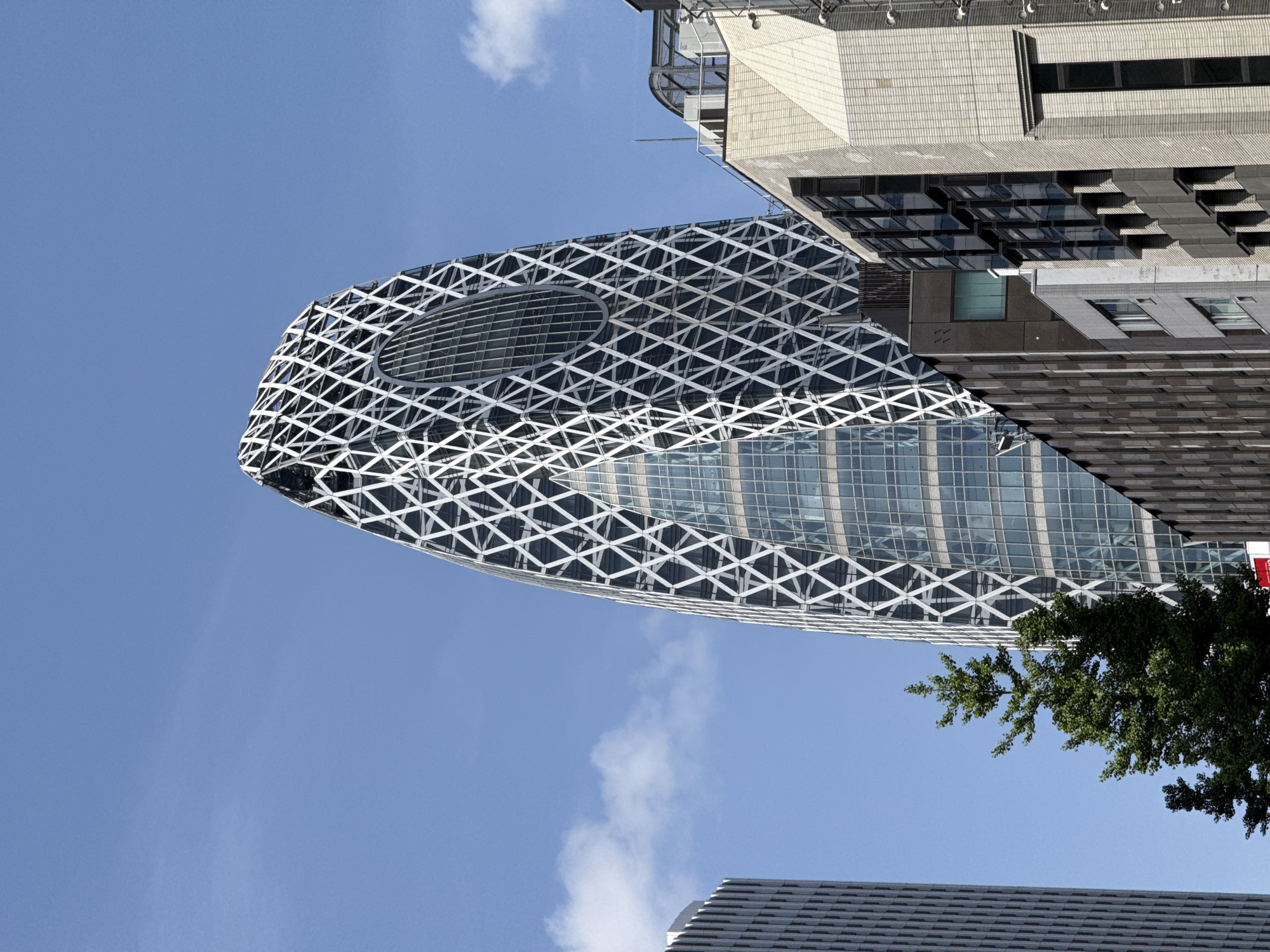 The image depicts a unique architectural building in Shibuya, Japan. The structure is characterized by its distinct egg-shaped design, encased in a white lattice frame. A prominent elliptical window is visible on one side. The building stands adjacent to more conventional high-rise buildings. A tree branch partially obscures the view of the building. The sky is clear blue with few clouds. The buildings appear to be positioned vertically, suggesting the photographer's point of view was looking up. A roof of a building is at the very bottom of the shot.