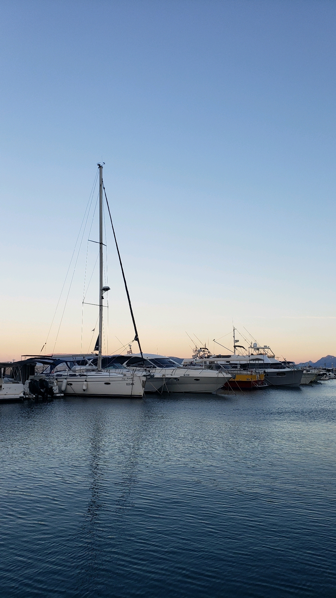 This image depicts a harbor scene in Općina Tučepi, Croatia, at dusk. The sky is a clear, pale blue, transitioning to a soft orange and pink near the horizon. A calm, dark blue body of water occupies the foreground, with gentle ripples reflecting the ambient light. Moored boats are lined up along the water's edge.
The most prominent vessel is a white sailboat with a tall mast and dark sail. To its right, several motor yachts are docked. These yachts vary in size and design, with some featuring white hulls and others a darker grey. One of the motor yachts has a yellow hull. Many of the boats have radar equipment and fishing rods mounted on their decks. The hulls of the boats are labeled with registration numbers and names, such as "Lady Butterfly" and "935-MA". The boats are secured to a dock or mooring lines that are not fully visible. The background reveals a distant, hilly coastline, silhouetted against the fading light. The overall atmosphere is serene and peaceful.