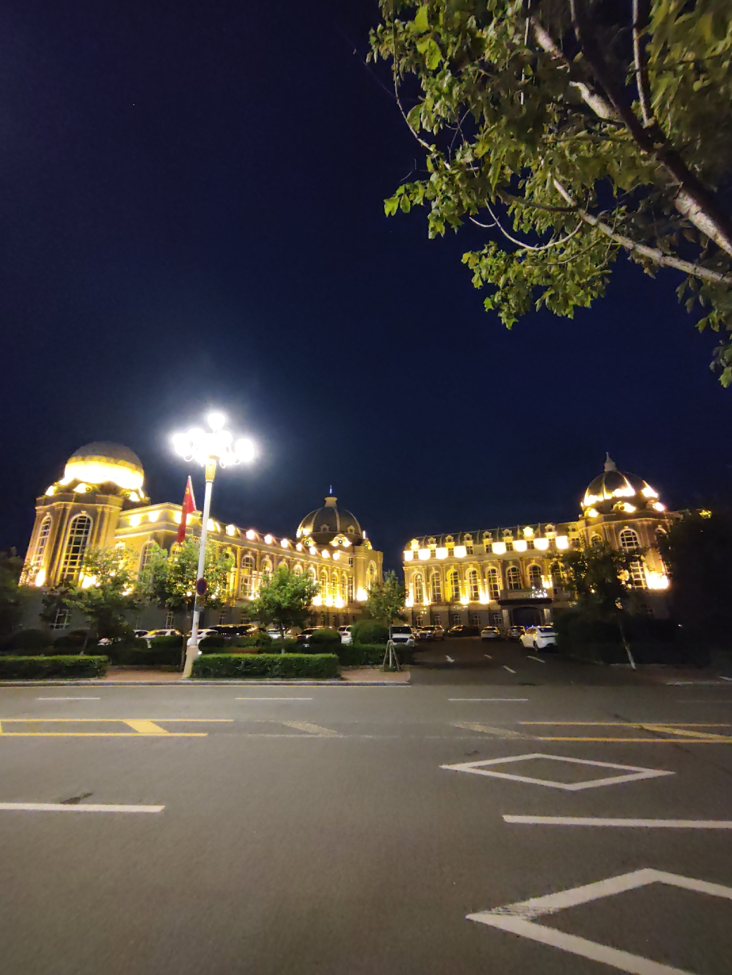A wide-angle, night-time shot captures a grand, illuminated building with domes and arched windows, set against a dark blue sky. The building, which appears to be a government or administrative complex, is lit with warm yellow lights that highlight its ornate architecture. In front of the building, a road with white and yellow lane markings is visible, and several cars are parked. A lamppost with multiple lights stands near the building's entrance, and a Chinese flag is mounted on a pole next to it. Green trees and hedges frame the scene, and a branch of a tree with green leaves hangs into the upper right corner of the frame. The location is identified as 幸福乡, China.