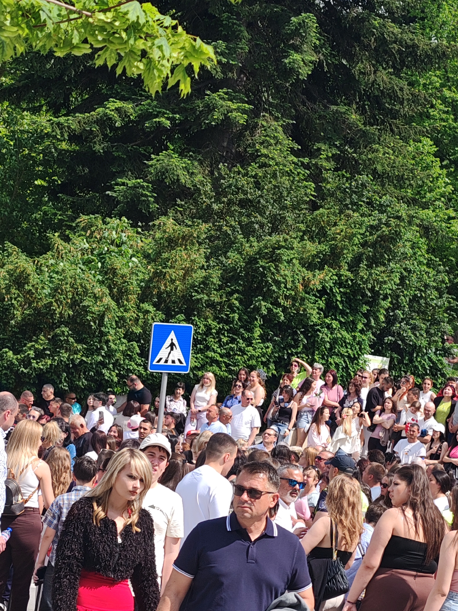 A medium, eye-level shot shows a crowd of people on a city street in Shumen, Bulgaria, facing an unseen object or event. Lush green trees form a backdrop, partially obscuring a blue and white pedestrian crossing sign. The crowd is diverse, with people of varying ages, genders, and attire, mostly in casual clothing. Some wear sunglasses, and a few hold phones or bags. The overall mood appears neutral, with faces showing mild interest or attention. The scene is lit by natural daylight, with slight shadows indicating a sunny day.