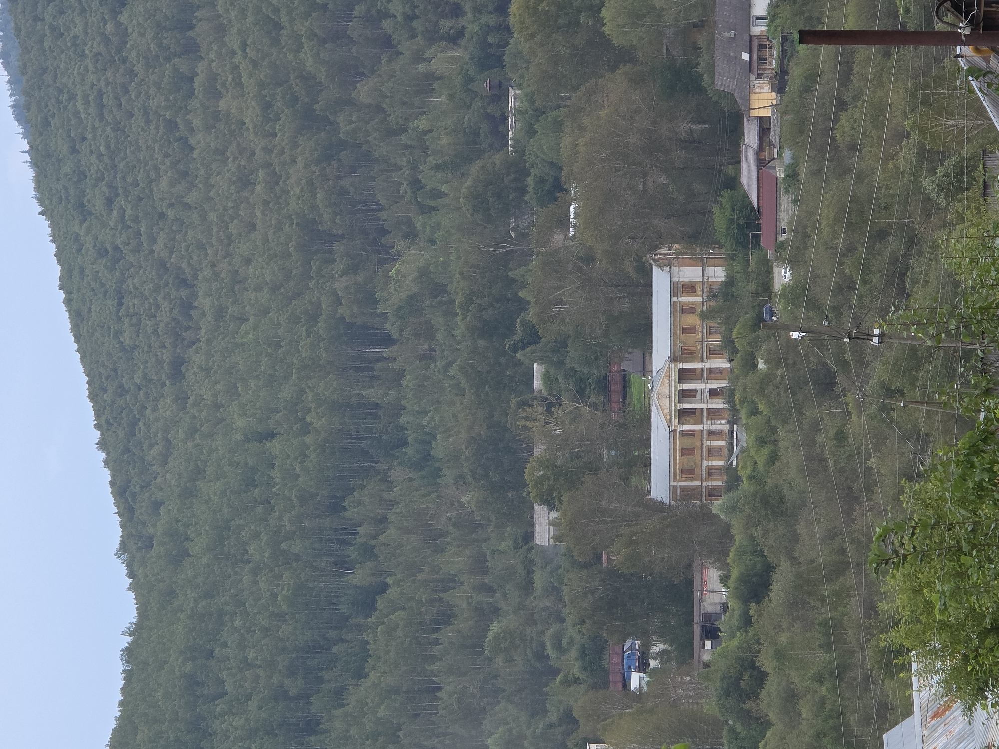 The image shows a view of a town nestled against a densely forested hillside in Magnitka, Russia. A large, somewhat dilapidated building with classical architectural elements, featuring columns and arched windows, stands prominently in the mid-ground. In front of this building, a blue truck and a white car are visible. Beyond the main building, several other structures, including houses and smaller industrial-looking buildings, are scattered amongst the trees. A train with red cars is partially visible on a track behind some trees to the left. The foreground is dominated by trees and utility poles with power lines. The overall environment is a mix of residential and possibly industrial buildings set within a natural, wooded landscape. The sky is overcast, suggesting a cloudy day.