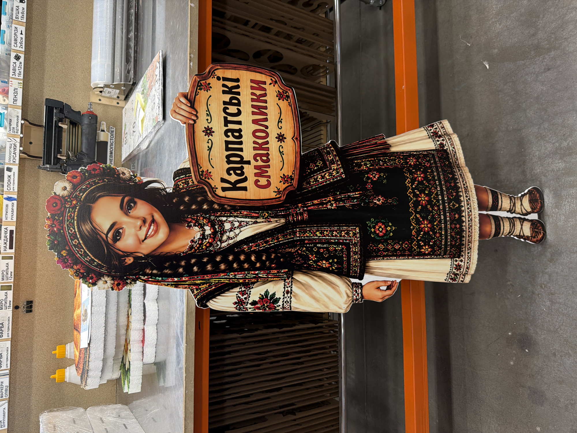 A life-sized cardboard cutout of a woman in traditional Ukrainian attire stands in front of shelves. She is wearing an embroidered shirt, vest, and skirt, a floral headdress, and beaded necklaces. In her hands, she holds a wooden sign with the Ukrainian words "Карпатські смаколики" (Carpathian delicacies) written on it. Behind her, shelves are filled with various items, including rolls of material and what appear to be food items in plastic packaging. A stapler gun is mounted on a shelf above her. The scene is indoors, likely in a retail or storage environment, with a grey concrete floor and an orange shelf divider.
