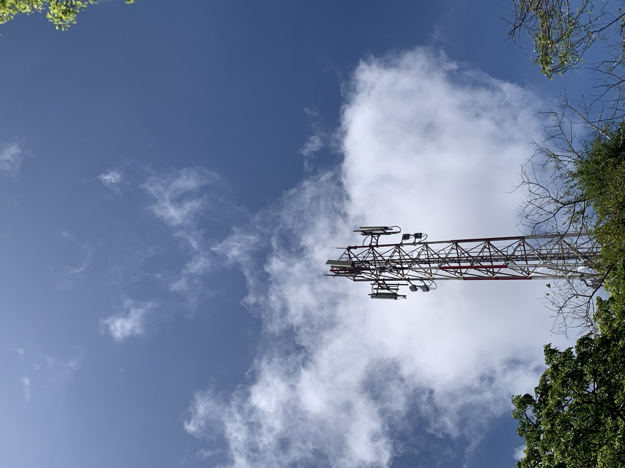 This is a low-angle, full shot of a telecommunications tower against a blue sky with scattered white clouds. The tower is a lattice structure, red and white, with antennas at the top. Green trees are visible at the bottom of the frame, with some bare branches from other trees interspersed. The image was taken in Santa Ana, Venezuela.