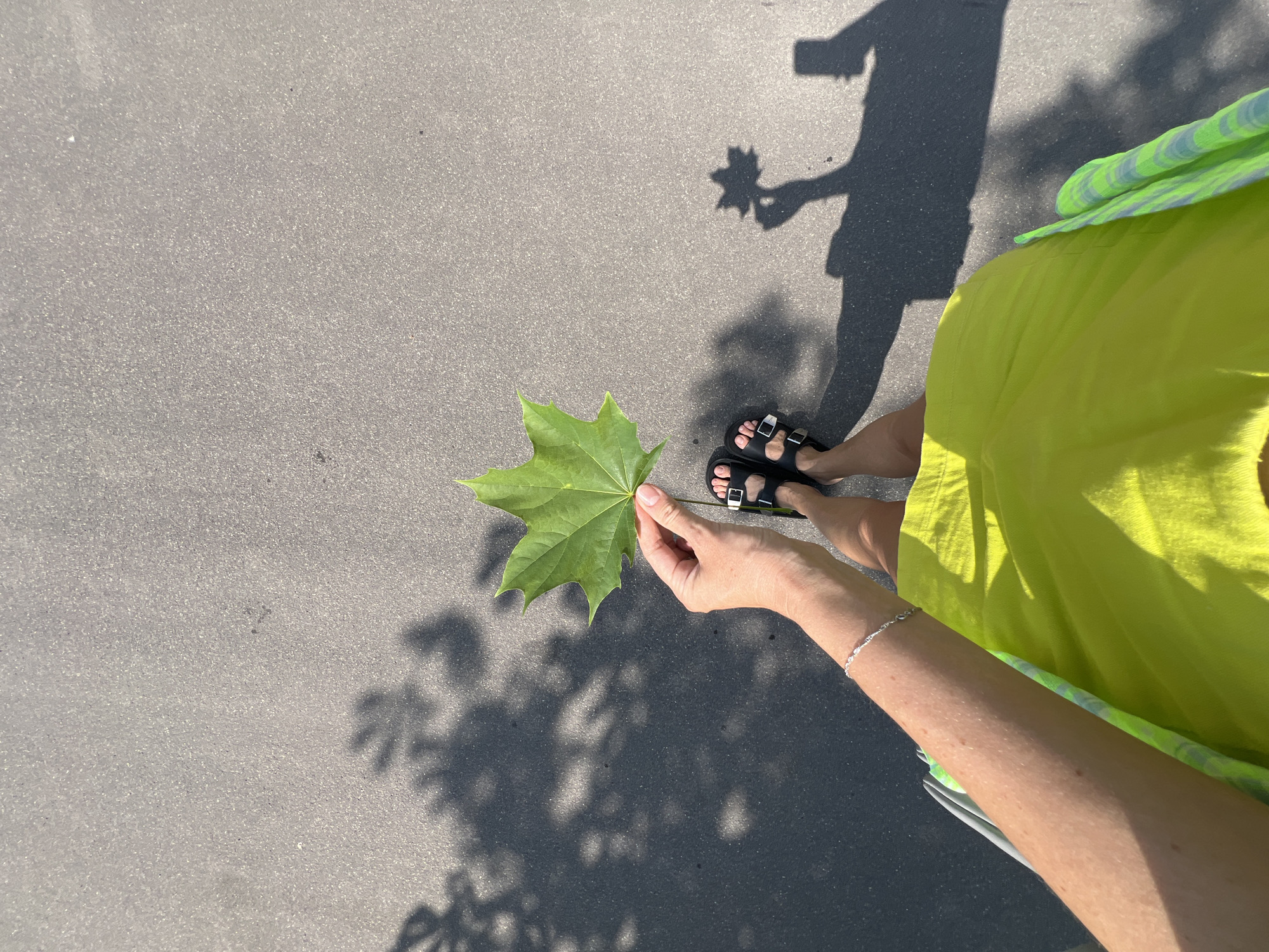From a high-angle view, a person stands on asphalt holding a green maple leaf, possibly in Moscow, Russia. The person, partially visible from the waist down, wears a neon yellow skirt, black sandals with buckles, and a silver bracelet on their left wrist. Their shadow, extending upwards, depicts them holding the leaf. The asphalt surface, casting shadows from the leaf and person, is uniformly grey.