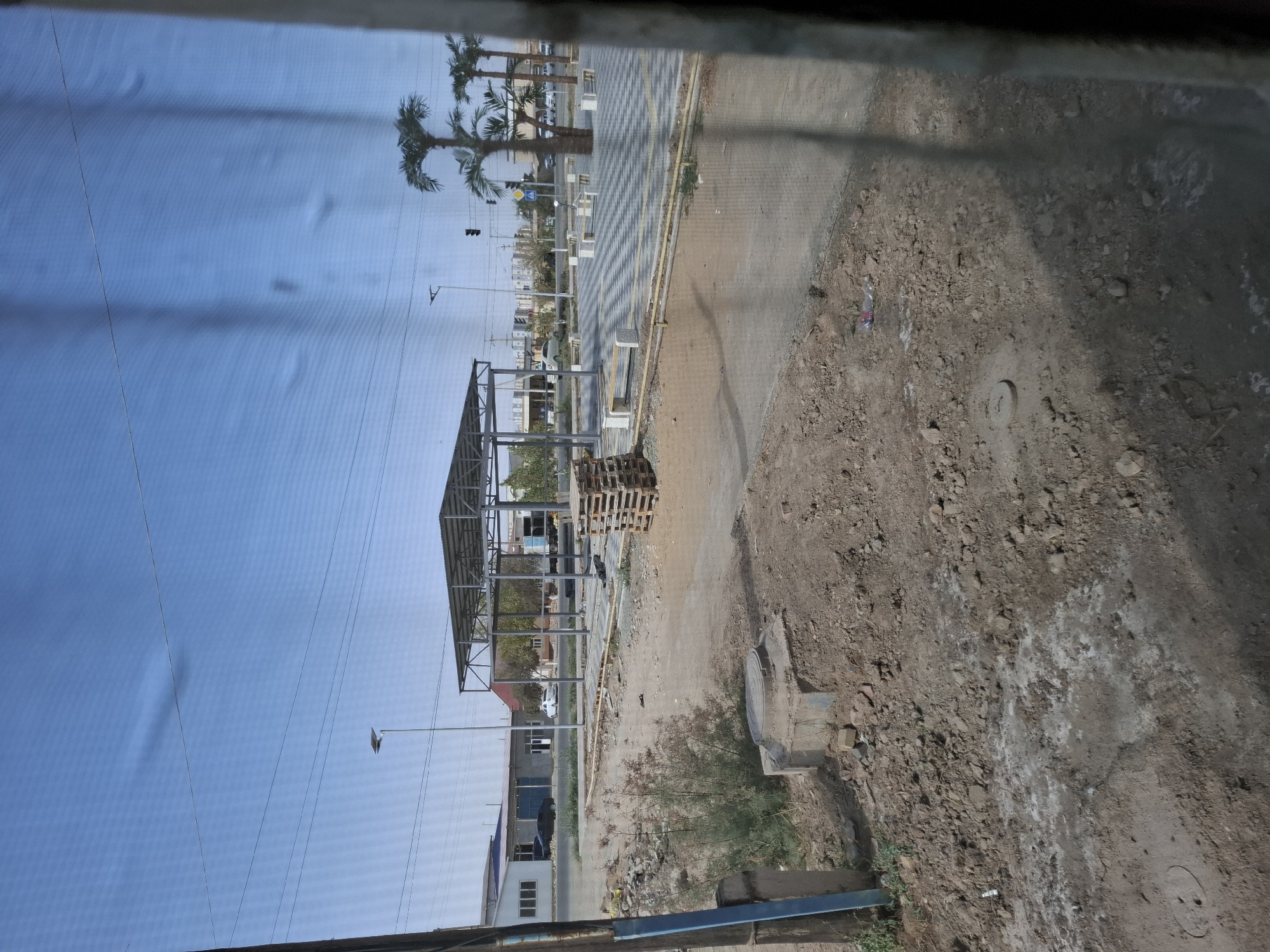The image depicts an outdoor scene with a clear blue sky and a few scattered clouds. In the foreground, there is a patch of unpaved, dry, disturbed earth with small rocks and debris, including a circular manhole cover embedded in the ground. A green bush is growing in this area. A blue pole with some wires is visible on the left side of the frame.
Further back, a paved area features a checkered pattern of light and dark gray tiles. Several concrete benches with wooden slats are placed on this paved surface, along with some white concrete block structures. A covered structure, likely a bus stop or shelter, with a metal frame and a corrugated roof, is under construction or recently completed in the middle ground. Several stacks of wooden pallets are placed near this structure.
Beyond the paved area, there are buildings, including a light-colored building with windows and a darker building. Several cars are parked or driving on a road in the background. Three palm trees stand prominently on the right side of the image. Traffic lights and a pedestrian crossing sign are also visible. The overall impression is a semi-urban environment, possibly undergoing development or renovation, with a mixture of construction materials and finished elements. The scene is consistent with an outdoor public space in Yangiaryk, Uzbekistan.