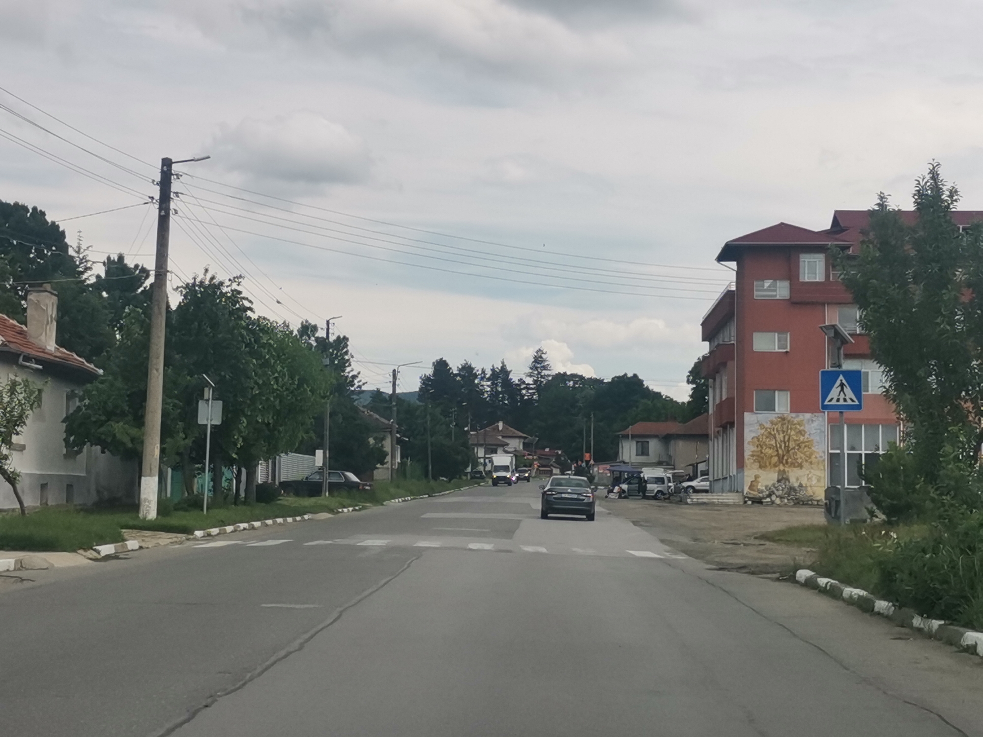 This image presents a street scene in Mirovo, Bulgaria, captured on an overcast day. The view looks down a paved asphalt road, which features several white markings, including pedestrian crossing stripes in the foreground and mid-ground. The road appears to be a main thoroughfare through a residential area.
Several vehicles are visible. A dark sedan is centrally placed, moving away from the viewer. Further down the road, another dark car is parked on the left, near a white house. On the right, a white car and possibly a van are parked, with some indistinct figures or objects nearby. A white truck is also seen further in the distance on the road.
On the left side of the street, there's an older, light-colored house with a red-tiled roof and a chimney, nestled among green trees and grass. A prominent utility pole with numerous power lines and a street light stands tall near the house. The curb along this side is painted in alternating black and white sections.
The right side of the street features a larger, multi-story building with reddish-brown walls and a red-tiled roof. A striking mural depicting a golden tree with a figure seated beneath it, surrounded by items, adorns the ground floor of this building. A blue square sign, clearly indicating a pedestrian crossing with a white symbol of a person walking, is visible in front of the building. Various trees and dense foliage line both sides of the street and extend into the background, hinting at a green environment.
The sky is heavily clouded, suggesting an overcast day, and the lighting is diffused. The scene depicts a calm, typical daytime environment in a Bulgarian village or small town. Aside from the symbolic pedestrian crossing sign, no explicit text is visible.