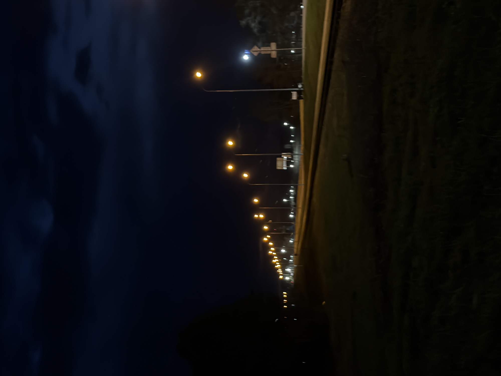 A night scene in Chaikovsky, Russia, features a row of streetlights illuminating a road. The sky is dark blue, and the road runs along a grassy area. The streetlights appear to stretch into the distance. A road sign is visible closer to the viewer.