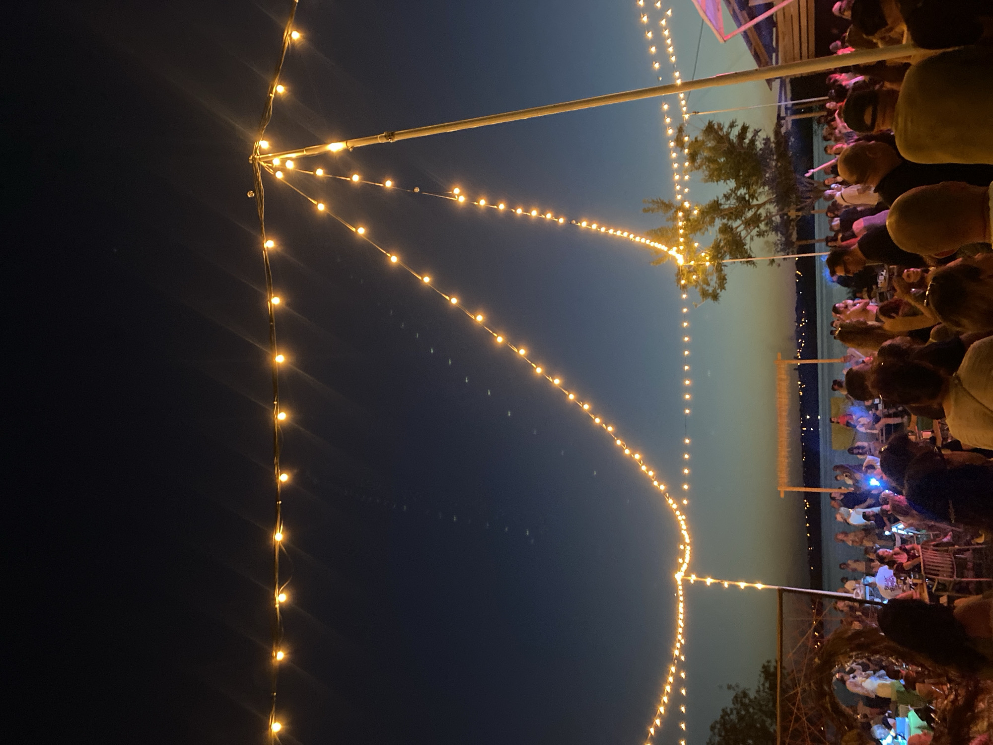 The image depicts an outdoor evening gathering at a waterfront venue, likely a restaurant or event space, in Mykolaiv, Ukraine. A large crowd of people are mingling and socializing under a string of warm, glowing lights that are suspended across the scene. The lighting creates a festive and relaxed atmosphere. In the background, the dark water of a river or sea is visible, with distant lights suggesting a shoreline or cityscape. The sky is a deep twilight blue, transitioning from the warmer hues near the horizon. The overall impression is one of a lively social event taking place by the water at dusk.
