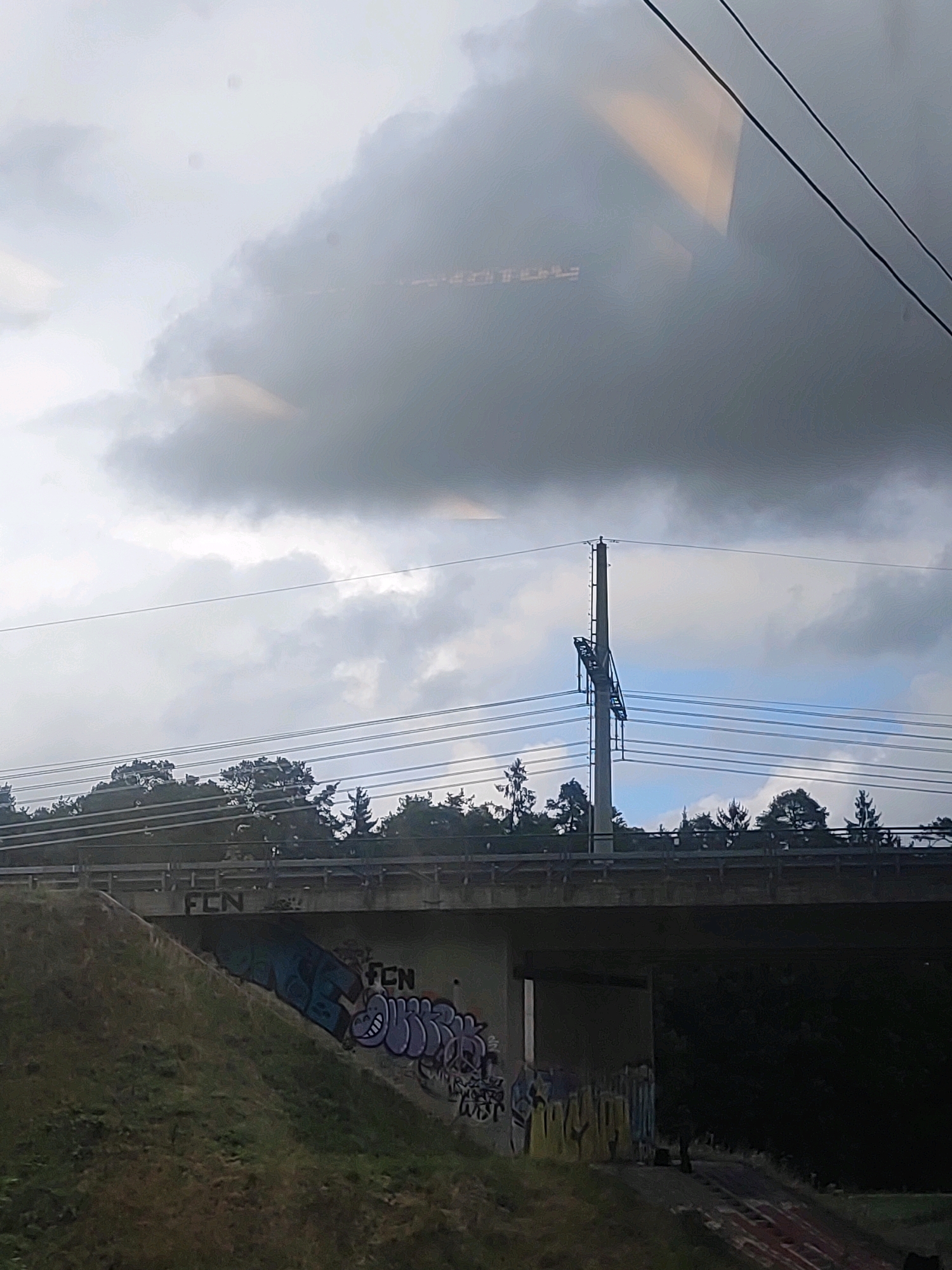 The image depicts an overcast sky above a bridge with graffiti. A tall utility pole with equipment is situated near power lines. Trees line the horizon behind the bridge. The underside of the bridge is visible, adorned with various graffiti tags and illustrations. The area beneath the bridge appears to be overgrown with grass and a path leading into darker vegetation. There are no discernible people actively engaged in any actions within the frame, although a few figures can be seen in the distance near the path under the bridge. A reflection of buildings is faintly visible in the upper portion of the image, possibly from a window. The scene suggests an outdoor urban or semi-urban environment.