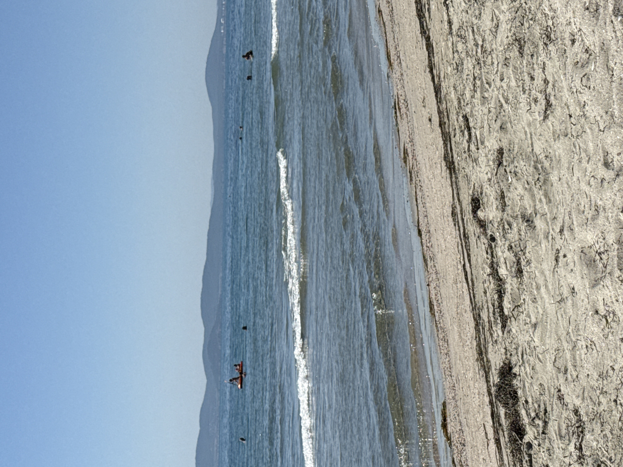 The image depicts a sunny day at a beach in Pomorie, Bulgaria, with the Black Sea in the background and a sandy shore in the foreground. The water is calm with small waves. In the middle distance, a red raft with at least two people on it is visible. Several other individuals are scattered in the water, appearing to be swimming or wading. The distant coastline features rolling hills under a clear blue sky. The sand on the beach is covered with scattered dried seaweed.