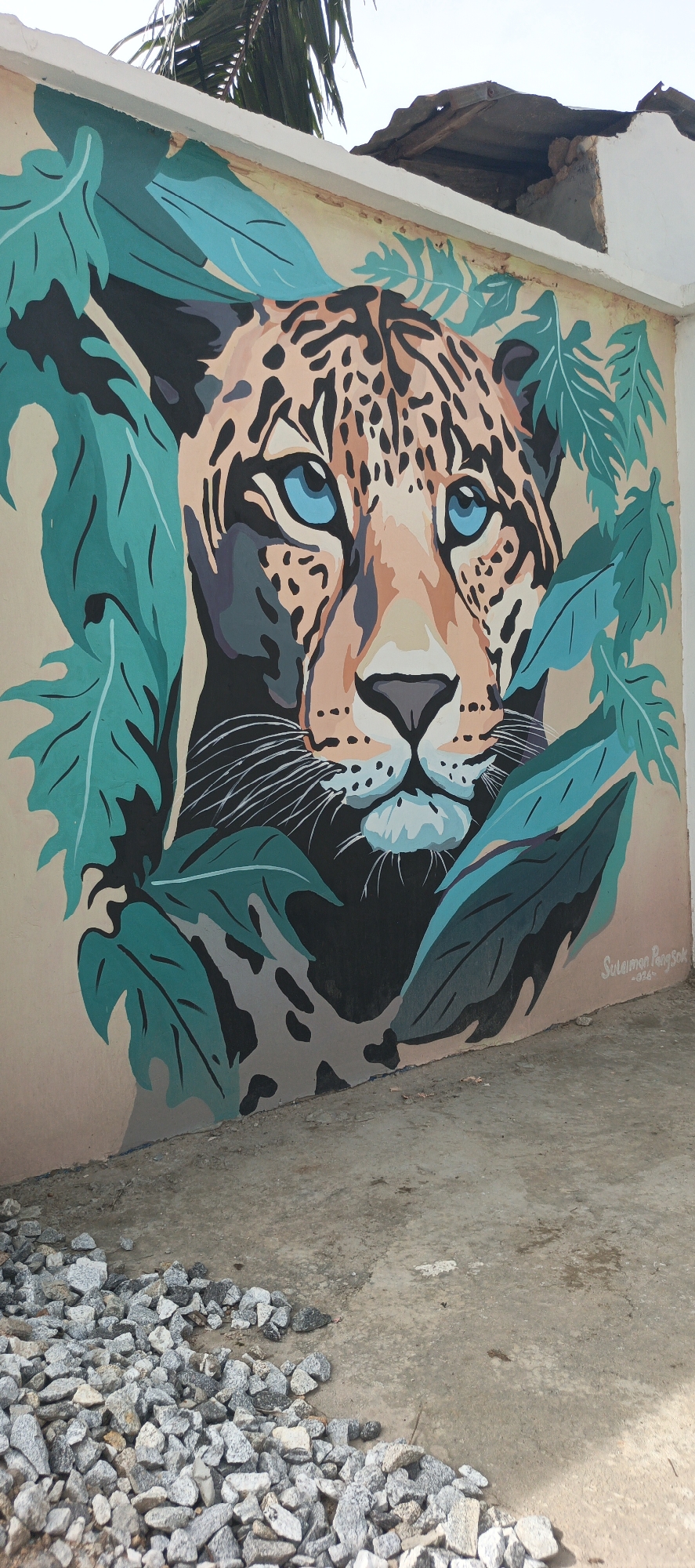 An outdoor mural of a stylized leopard's head dominates a light beige wall in Akwanga, Nigeria. The artwork depicts a large spotted cat, likely a leopard or jaguar, with striking bright blue eyes, rendered in a graphic, pop art style using bold outlines and flat areas of color including orange, beige, black, and various shades of grey. Its face is partially surrounded by stylized tropical leaves in teal and dark green.
Above the painted wall, a white coping separates the mural from a pale sky, with dark green palm fronds and a section of a rustic, possibly corrugated metal or wooden structure visible at the top. The ground in the foreground consists of concrete, with a prominent pile of light-colored gravel and stones on the left side. The scene is illuminated by natural daylight. On the lower right of the mural, the artist's signature, "Sulaiman PangSok" and the inscription "-026", are visible in white text.