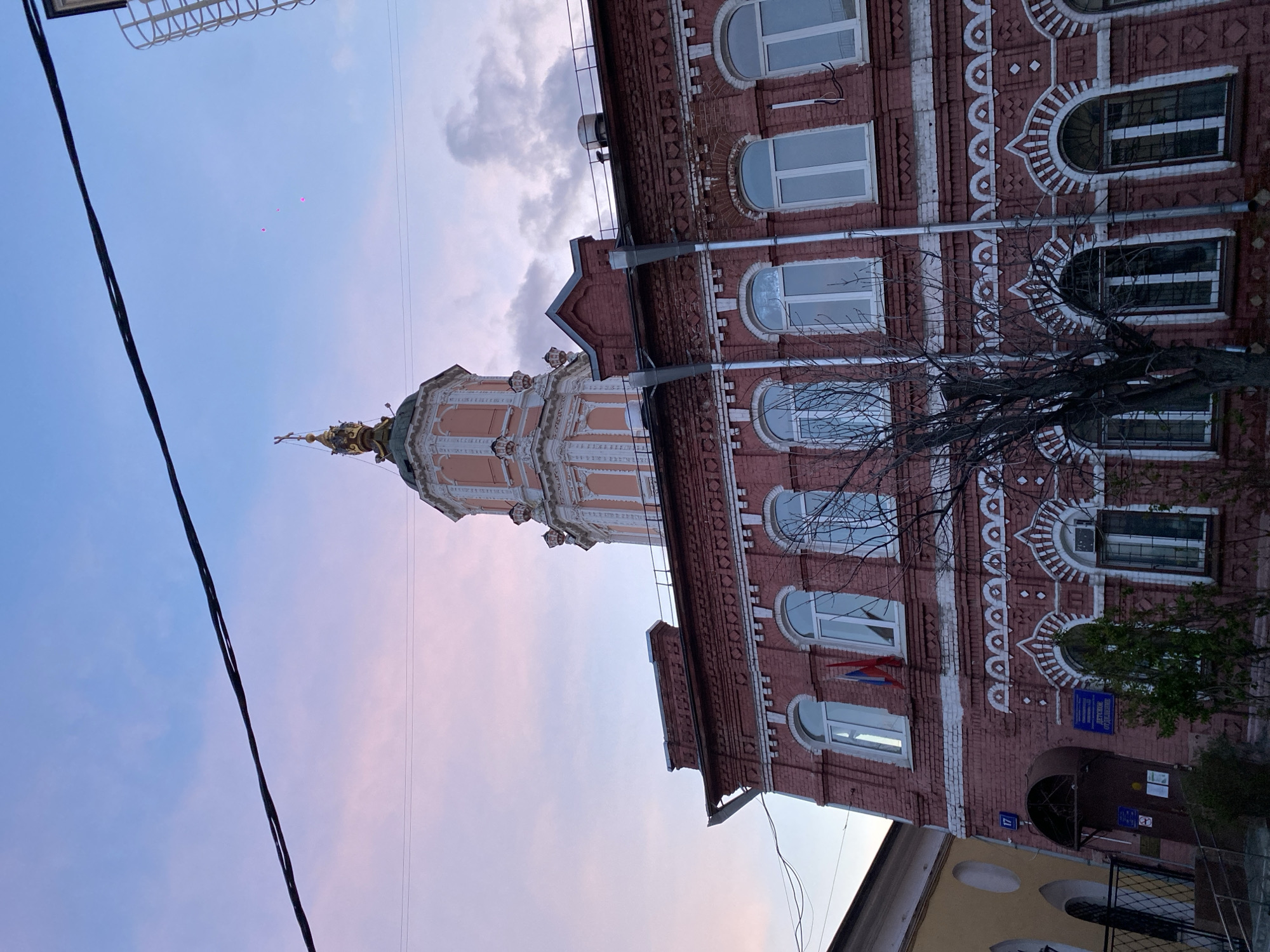 The image shows a street view in Moscow, Russia, featuring two buildings with distinct architectural styles against a backdrop of a cloudy, twilight sky. The building on the right is constructed from red brick with white decorative elements around its arched windows. A leafless tree partially obscures the view of the façade. A tower with a golden dome and a pink, ornately decorated spire stands to the left of the brick building. An array of utility wires runs across the sky. The building’s function is indicated by signage, likely the entrance to a public institution. A Russian flag is visible on the brick building.