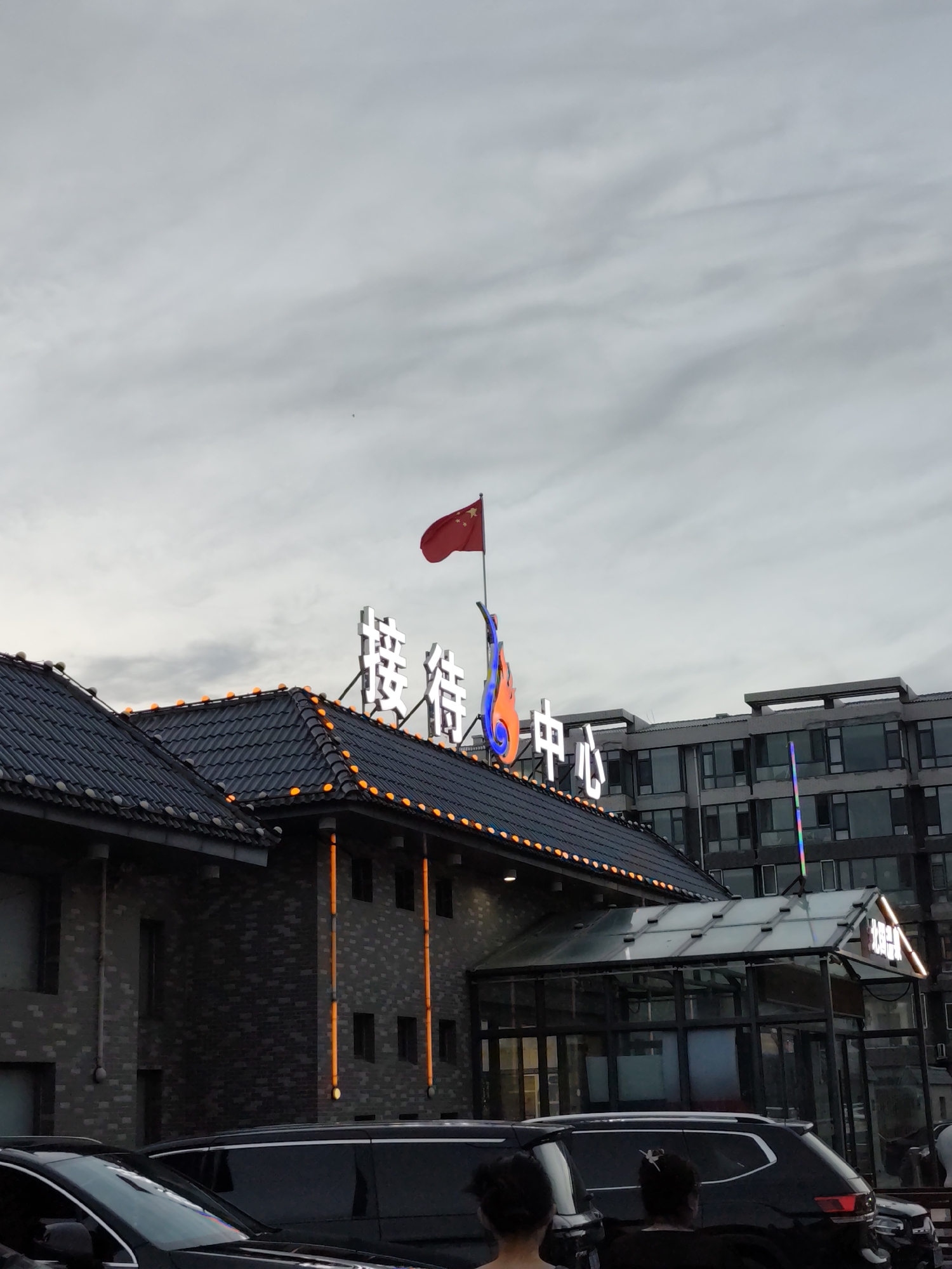 A low-angle, full shot captures a building with traditional East Asian roof tiles, adorned with orange lights along the eaves. A Chinese flag flies from a pole above the roof. White neon characters spelling "接待中心" (Reception Center) are mounted on the building, with a colorful, flame-like sculpture between the words. A modern, multi-story building with numerous windows stands behind it. The sky is overcast with grey clouds. In the foreground, several black cars are parked, partially obscuring the lower part of the building. Two women, their backs to the camera, are visible in the lower right corner. The scene appears to be in Lindian, China.