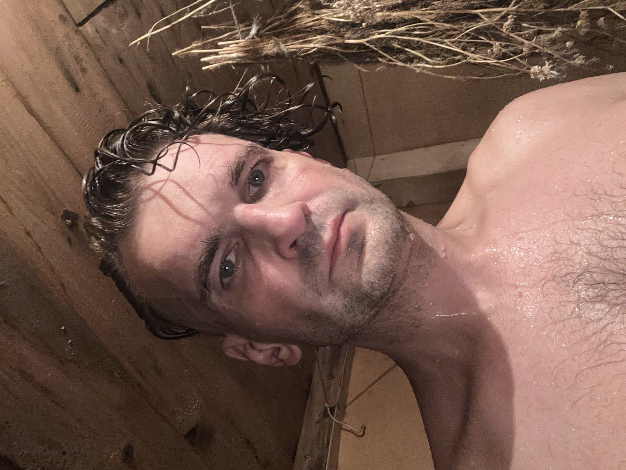 A man with wet hair and a beard is looking at the camera in a sauna. He is shirtless and his skin is glistening with sweat. The walls and ceiling of the sauna are made of wood, and there is a bundle of dried branches hanging on the right side of the frame. The scene suggests a private, possibly domestic, setting, such as a home sauna in Biysk, Russia.