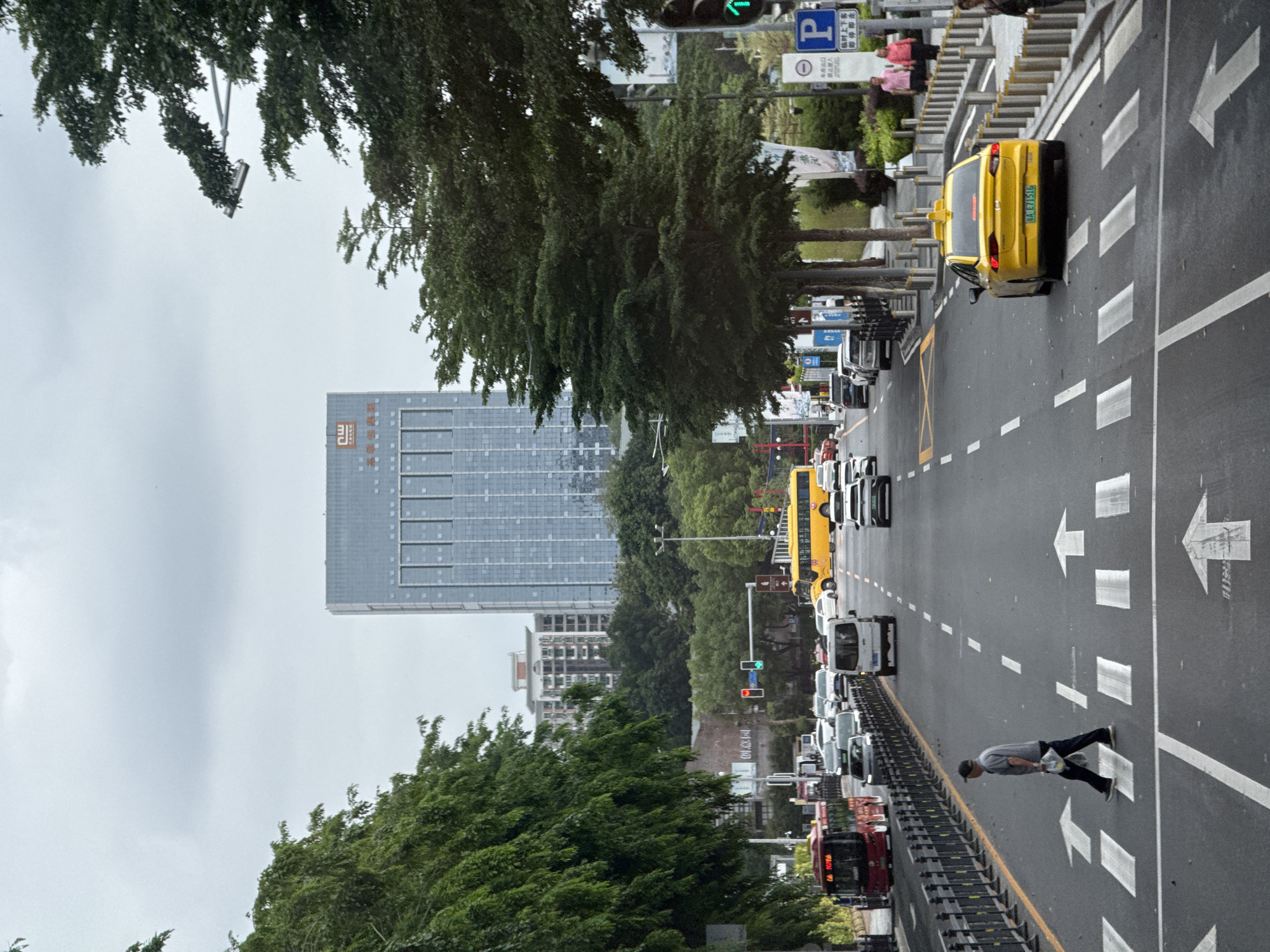 The image shows a street scene in Haizhu District, China. A tall, modern building is visible in the background. The street is lined with trees on both sides. A person is crossing the street at a crosswalk marked with arrows. Several vehicles, including a yellow taxi and buses, are on the road. Road signs are visible, including one that says "P" and mentions "车库出口" (garage exit) and "临时上下客" (temporary pick-up and drop-off).