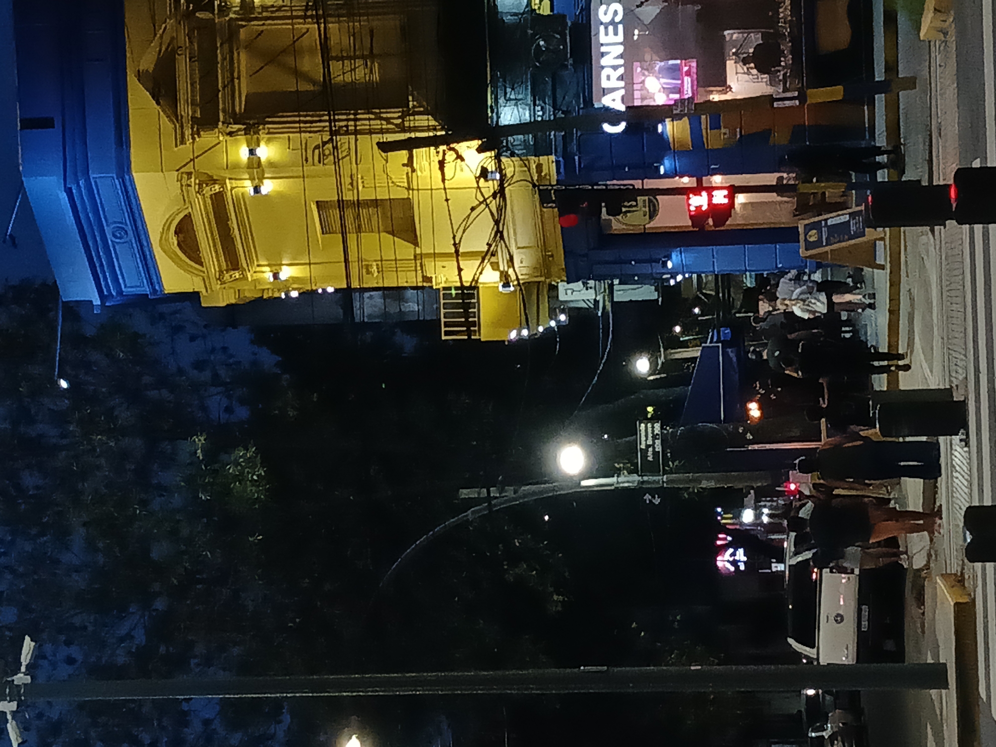 The image depicts a nighttime street scene in Buenos Aires, Argentina. On the right side, pedestrians are crossing a crosswalk at a street intersection, with traffic lights visible. A white van is parked nearby. Overhead streetlights illuminate the scene, and a street sign indicating Avenida Alte. Brown Sur 1700 is visible. On the left, a building with a yellow facade and blue accents is seen, possibly illuminated for the night. A large 'CARNES' sign is visible, indicating a butcher shop. Above the building, a network of electrical wires is strung across the street.
