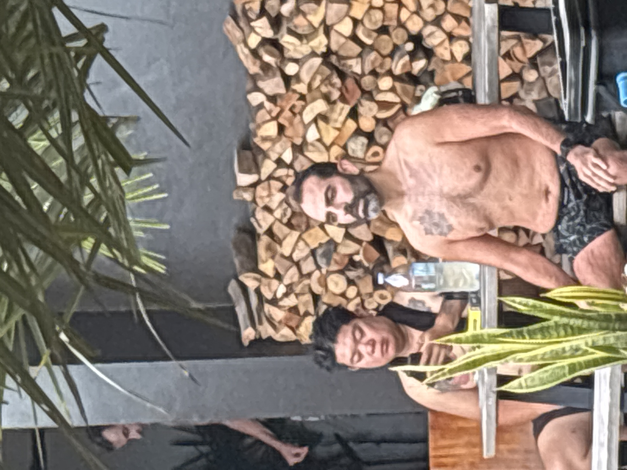 The image depicts an outdoor scene, possibly a backyard or patio area, with a pile of stacked firewood in the background. Two men are seated on benches. The man on the left, of East Asian descent, is wearing a light-colored shirt and dark shorts, and is holding a mobile phone. He has tattoos on his upper body. To his right, a man with a beard and short dark hair, also with tattoos on his chest, is wearing patterned shorts. He appears to be looking to his left. In the foreground, a snake plant is visible. In the upper left portion of the image, a third person's arm and shoulder are visible, suggesting they are standing behind a column. A bottle of water is on a table between the two seated men. The environment appears to be casual and relaxed.